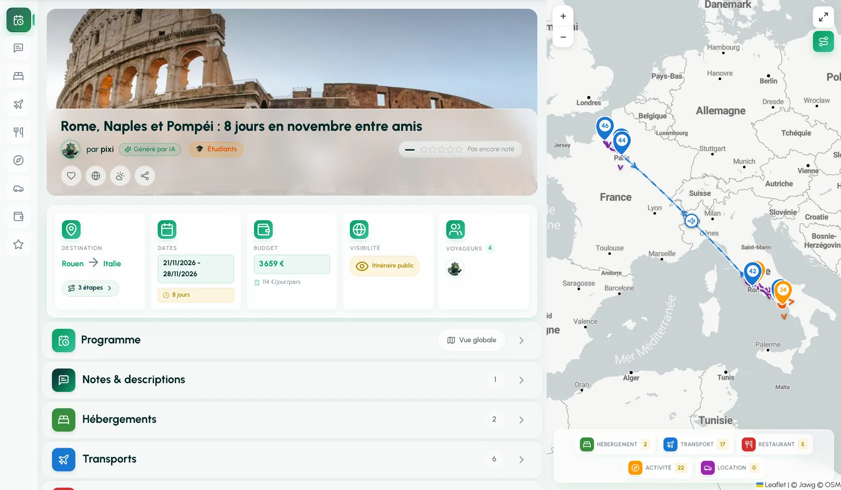 Vue d'ensemble du voyage : destination, dates, budget et voyageurs, avec la carte