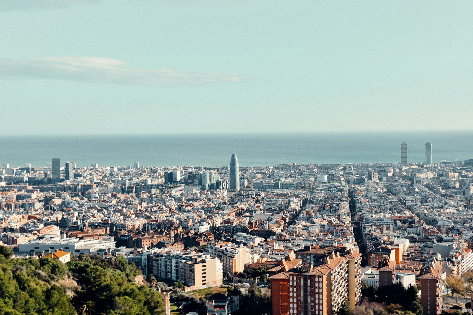 Aerial panoramic view of Barcelona with the Sagrada Familia