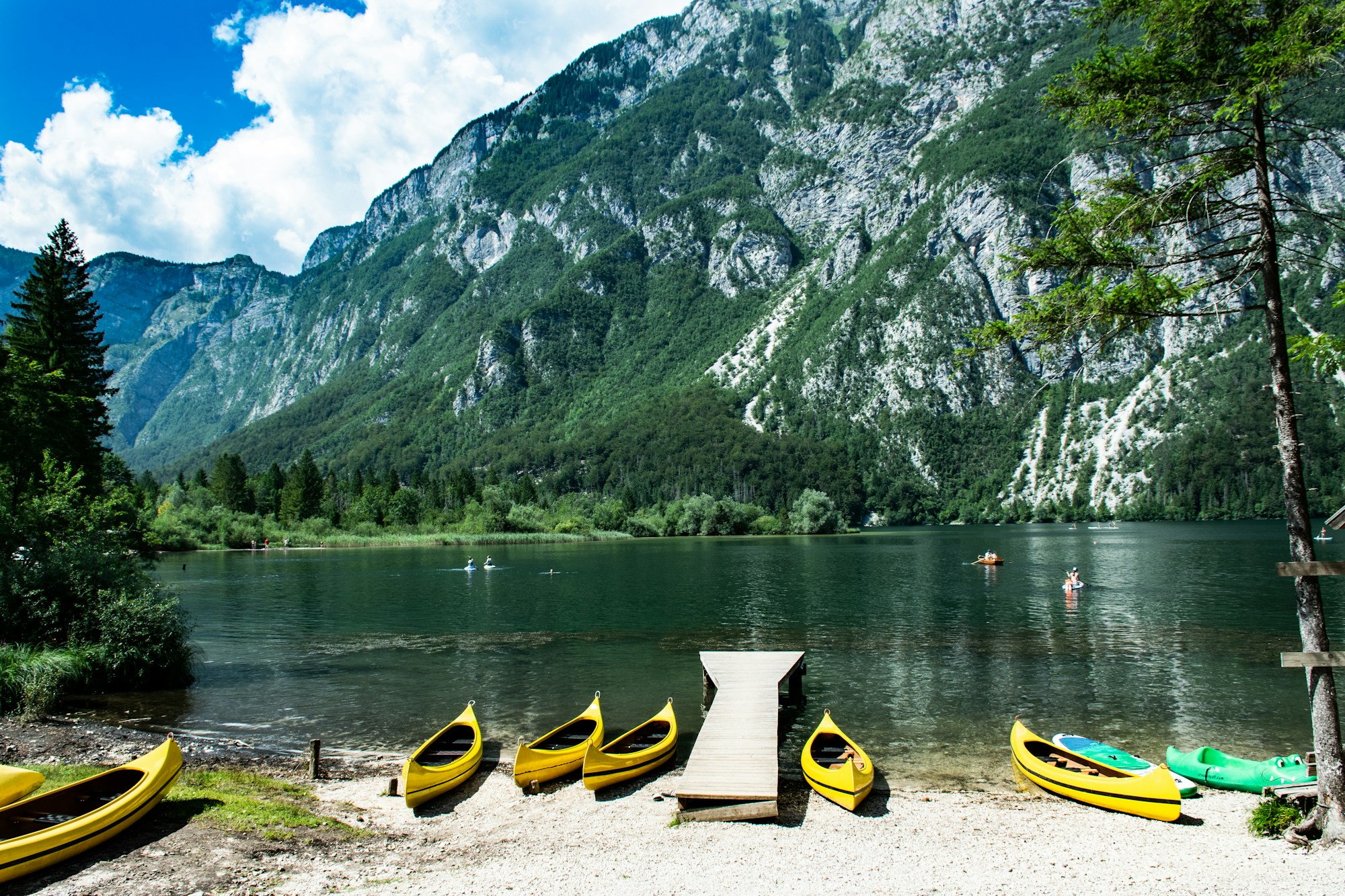 Vue sur le lac de Bohinj et les Alpes juliennes en Slovénie, avec le Triglav enneigé en arrière-plan