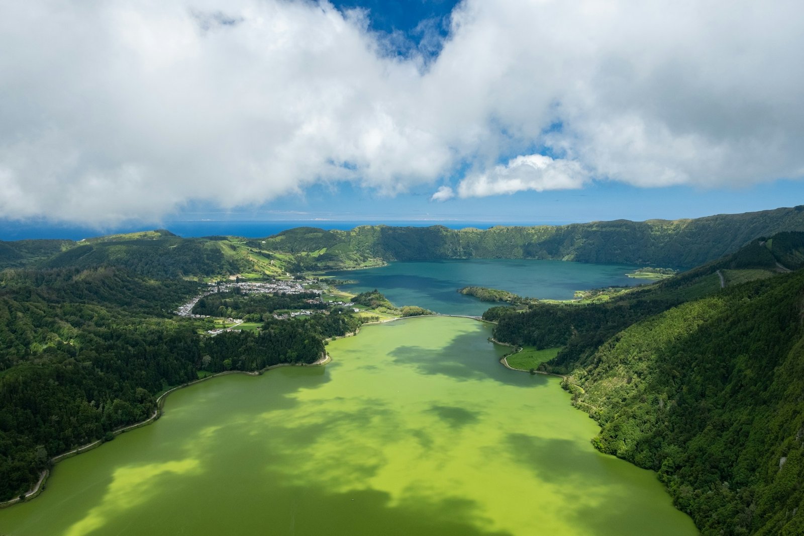 Crater lake in the Azores, lush volcanic landscape
