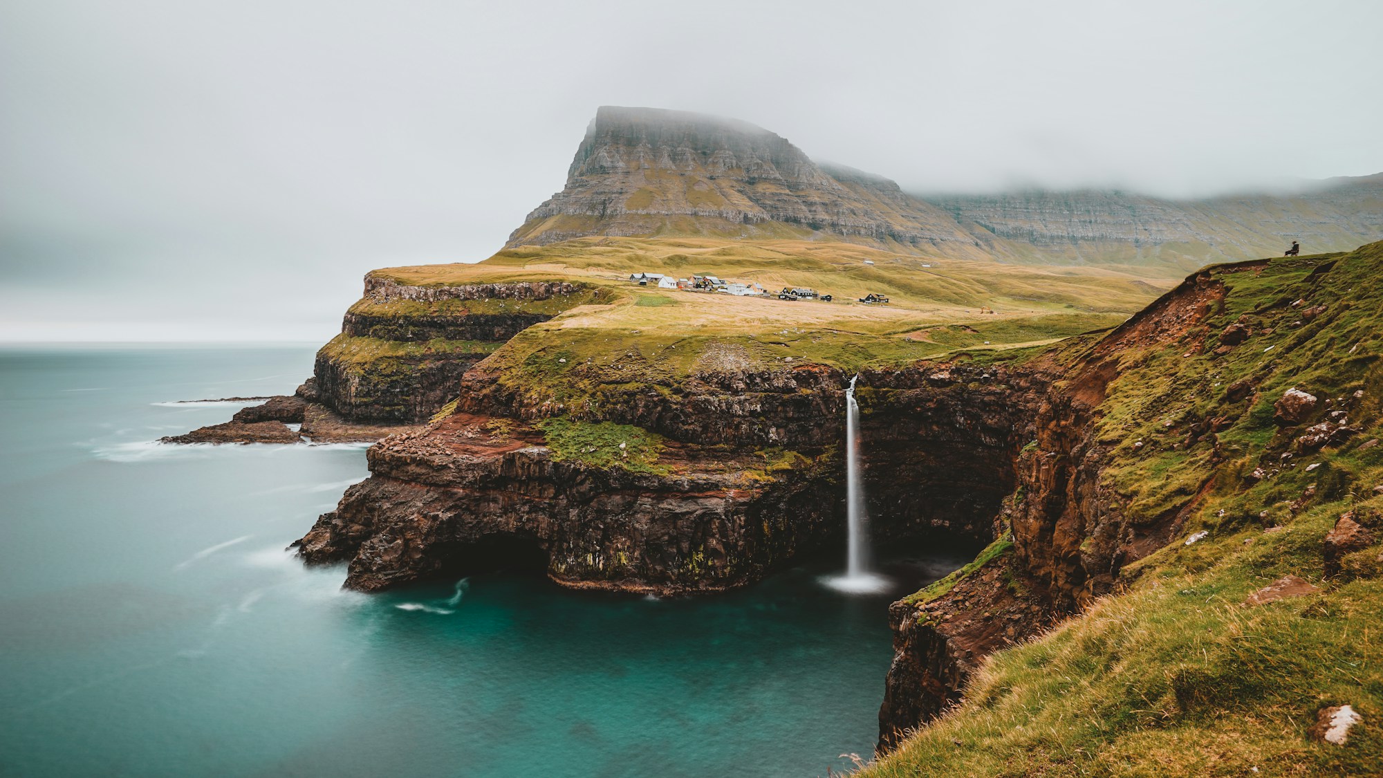 Spectacular waterfall overlooking the ocean in the Faroe Islands