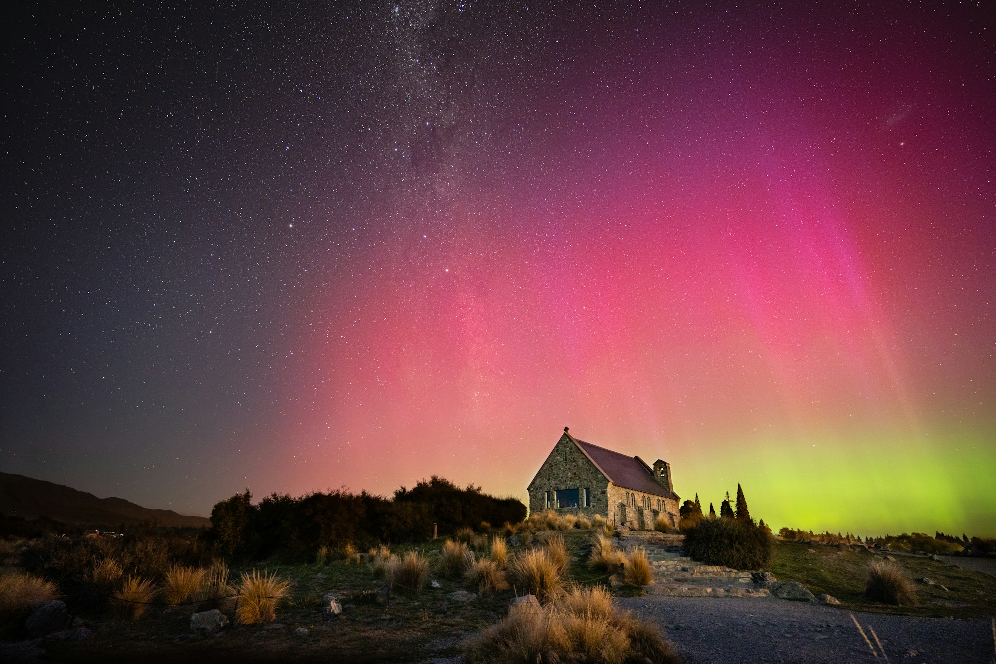 Milky Way above the Church of the Good Shepherd on the shores of Lake Tekapo, New Zealand