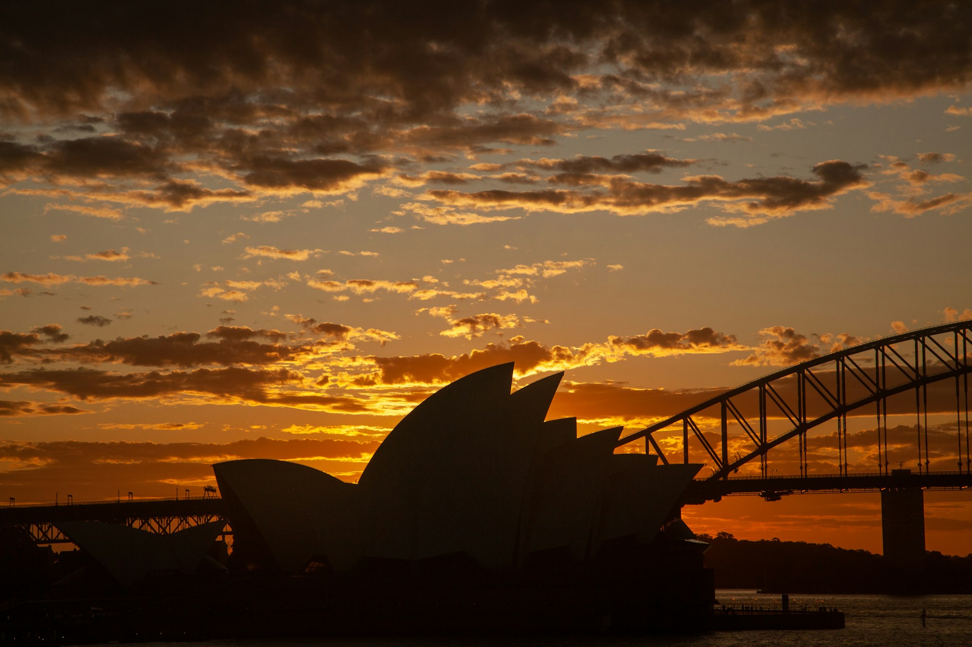 Vue panoramique du port de Sydney avec l'Opéra et le Harbour Bridge au coucher du soleil