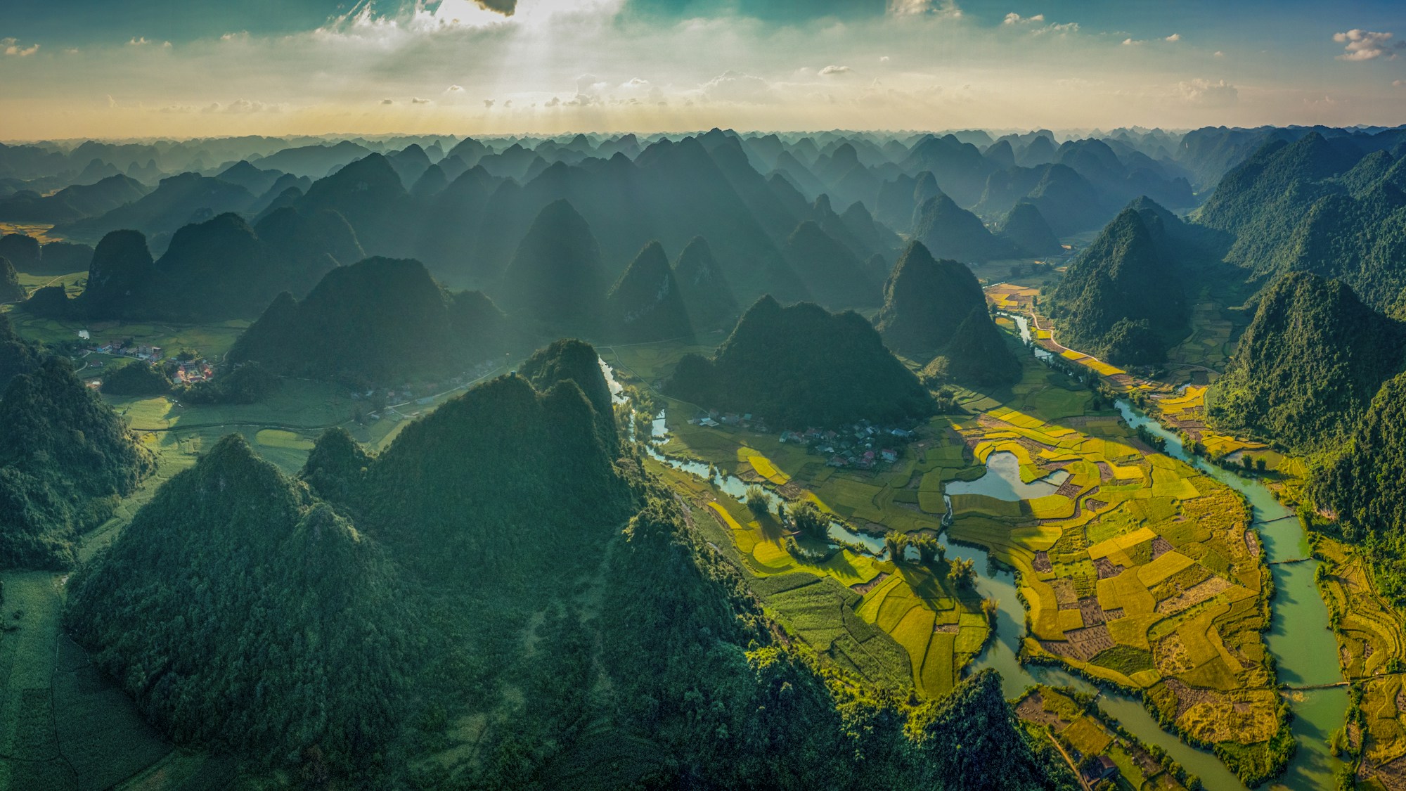 Rizières en terrasses dorées dans le nord du Vietnam, Sapa et montagnes brumeuses