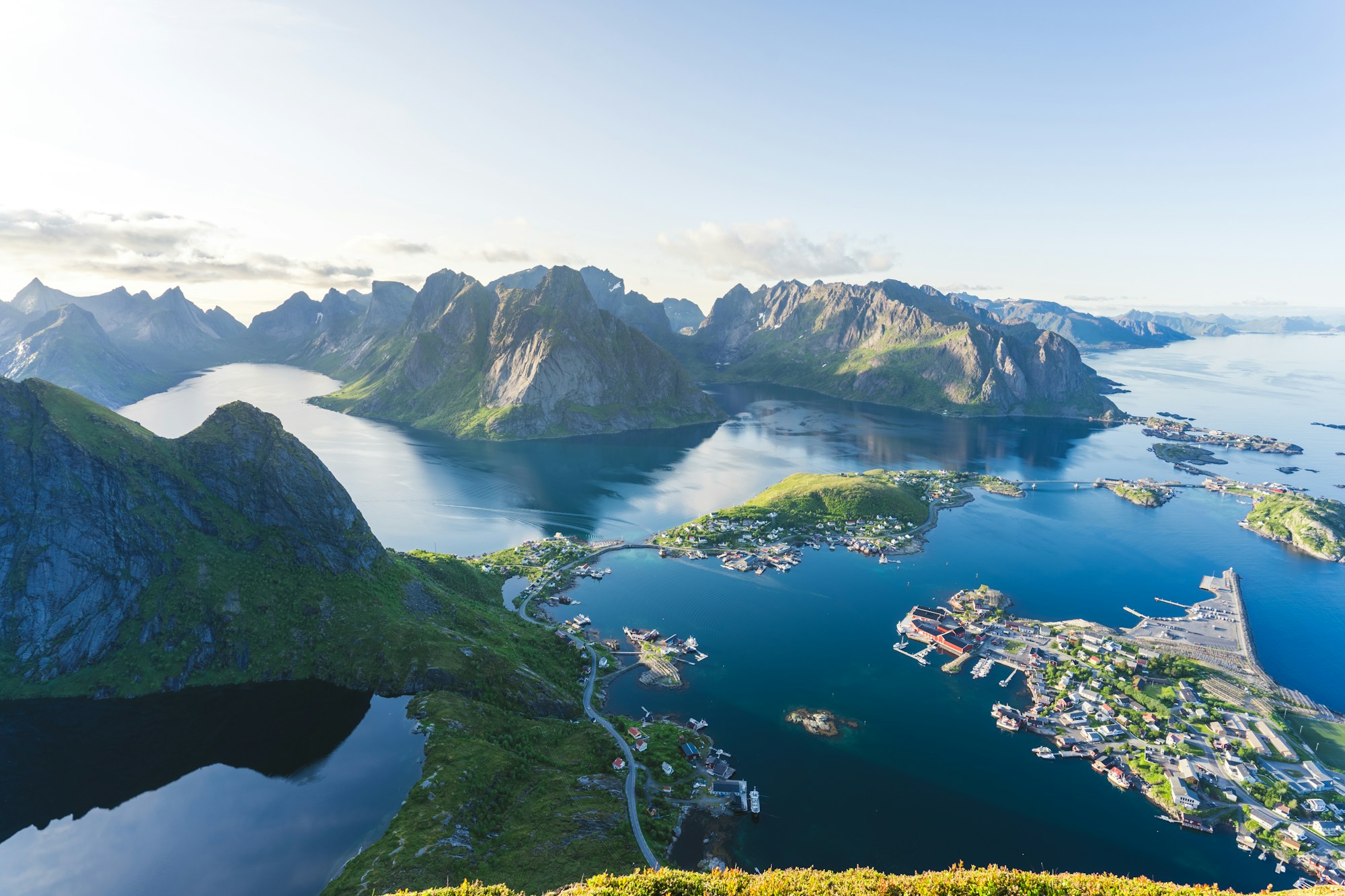 Panoramic view of the Lofoten Islands in Norway with mountains and fishing villages