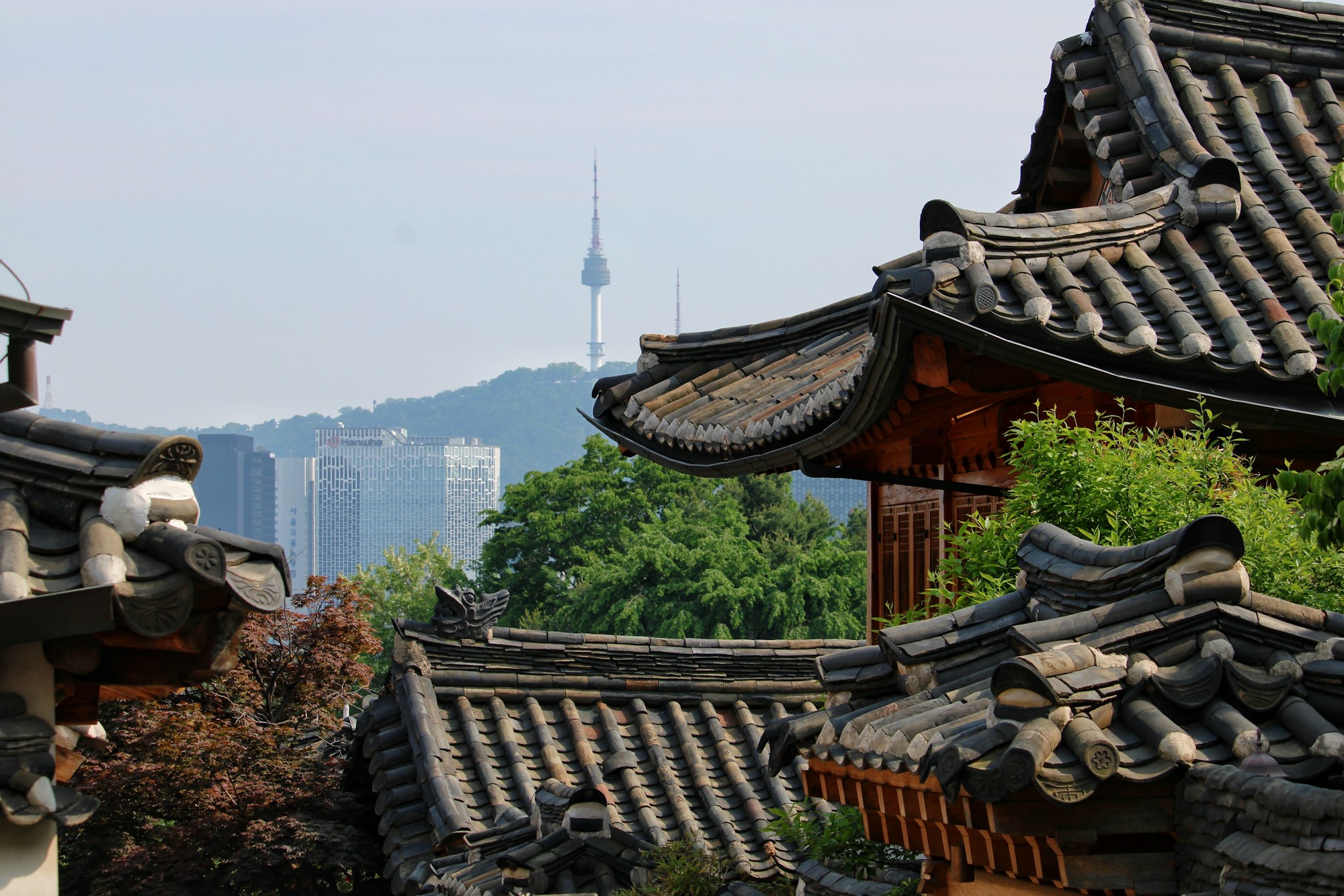 Alleyways of Bukchon Hanok Village with traditional Korean tiled roofs in Seoul