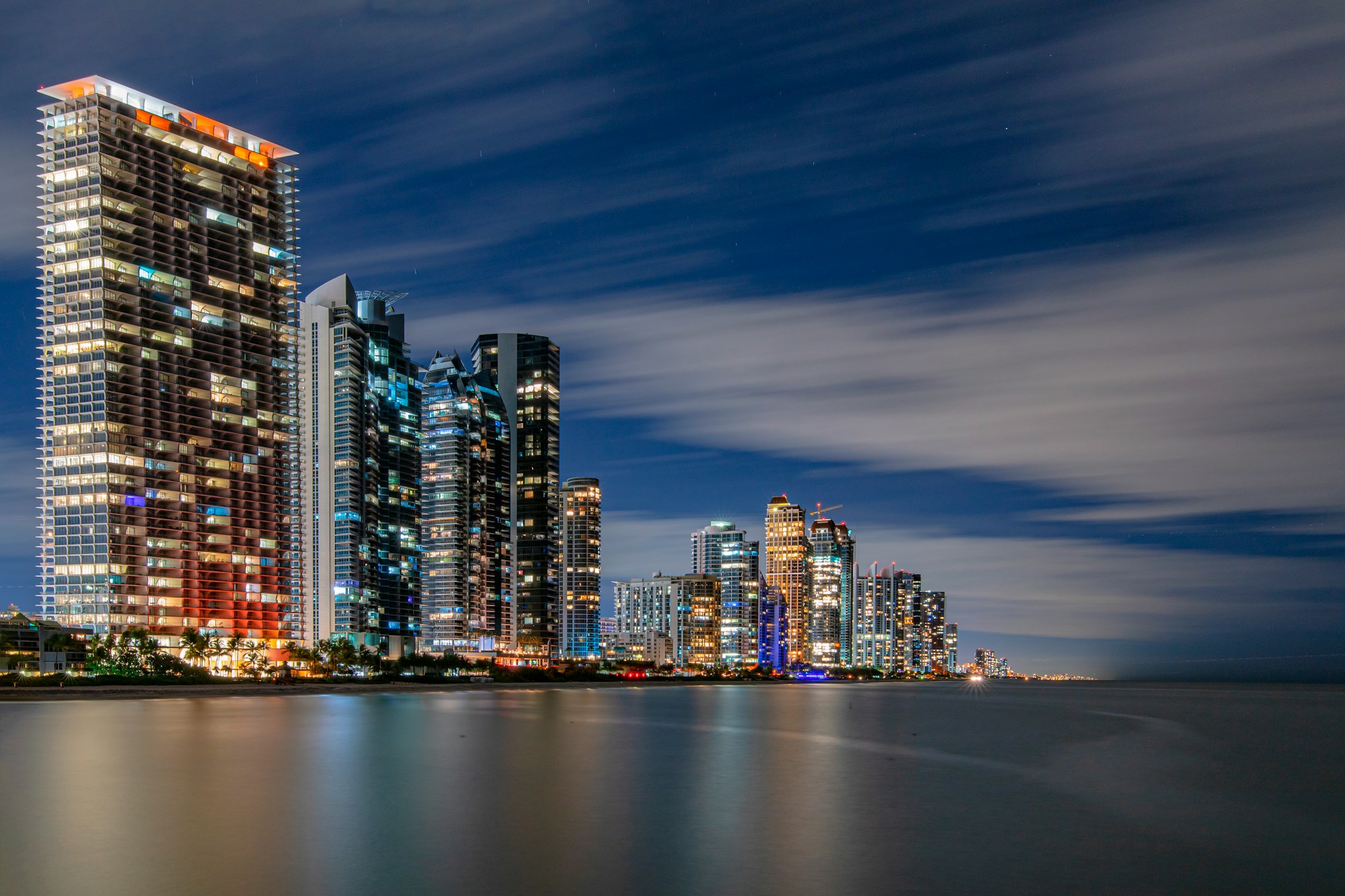 Night view of Miami Beach and the ocean