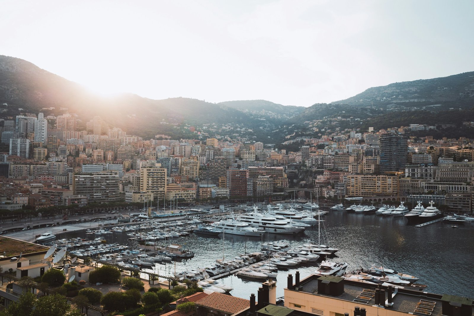 Panoramic view of Monaco's harbor and the Rock at dusk