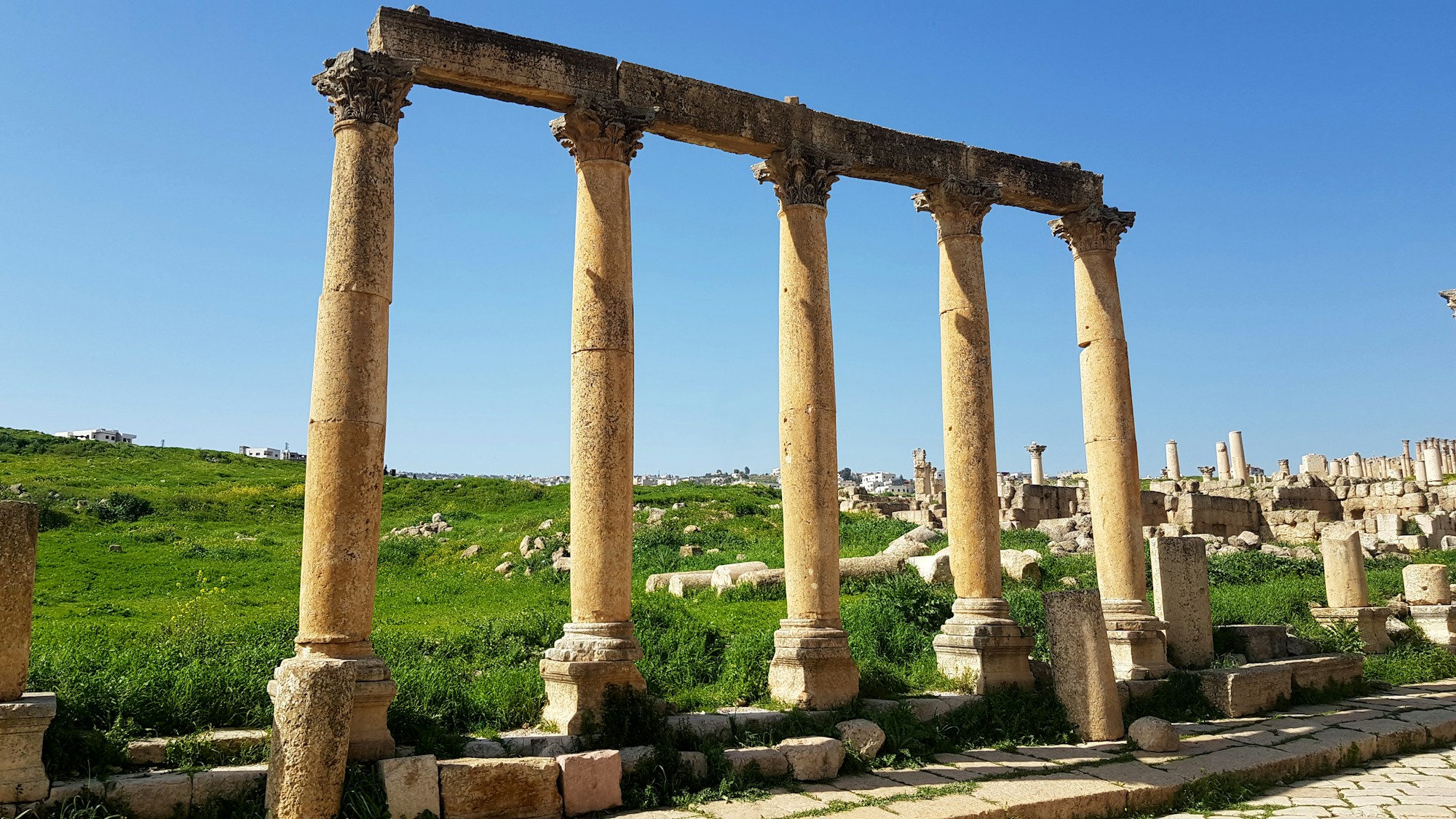 Jerash, Jordania: columnas romanas del Cardo Maximus, una de las ciudades romanas mejor conservadas fuera de Italia