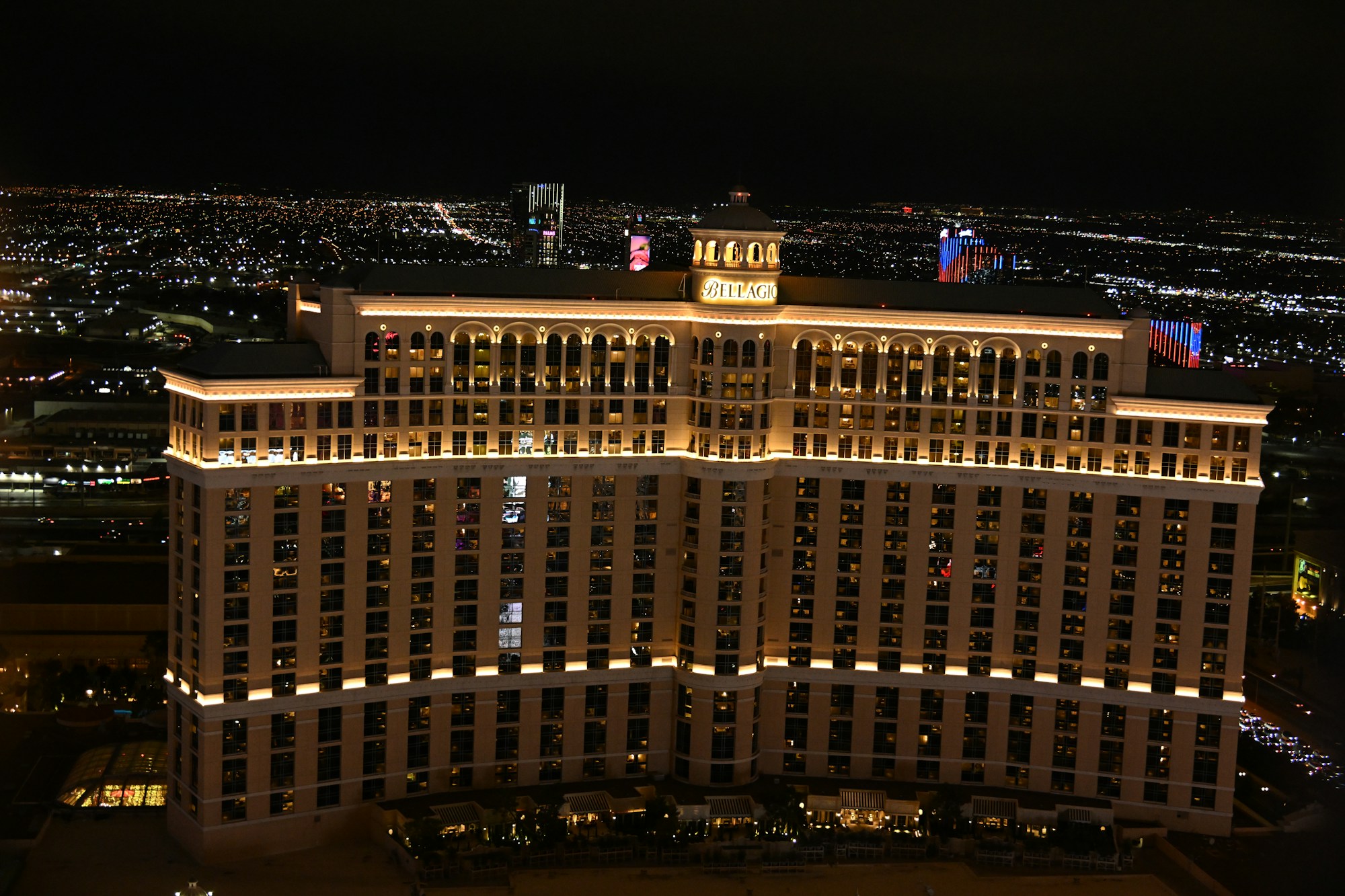 The Las Vegas Strip at night with the illuminated Bellagio and the lights of major hotels reflecting in the Nevada night air