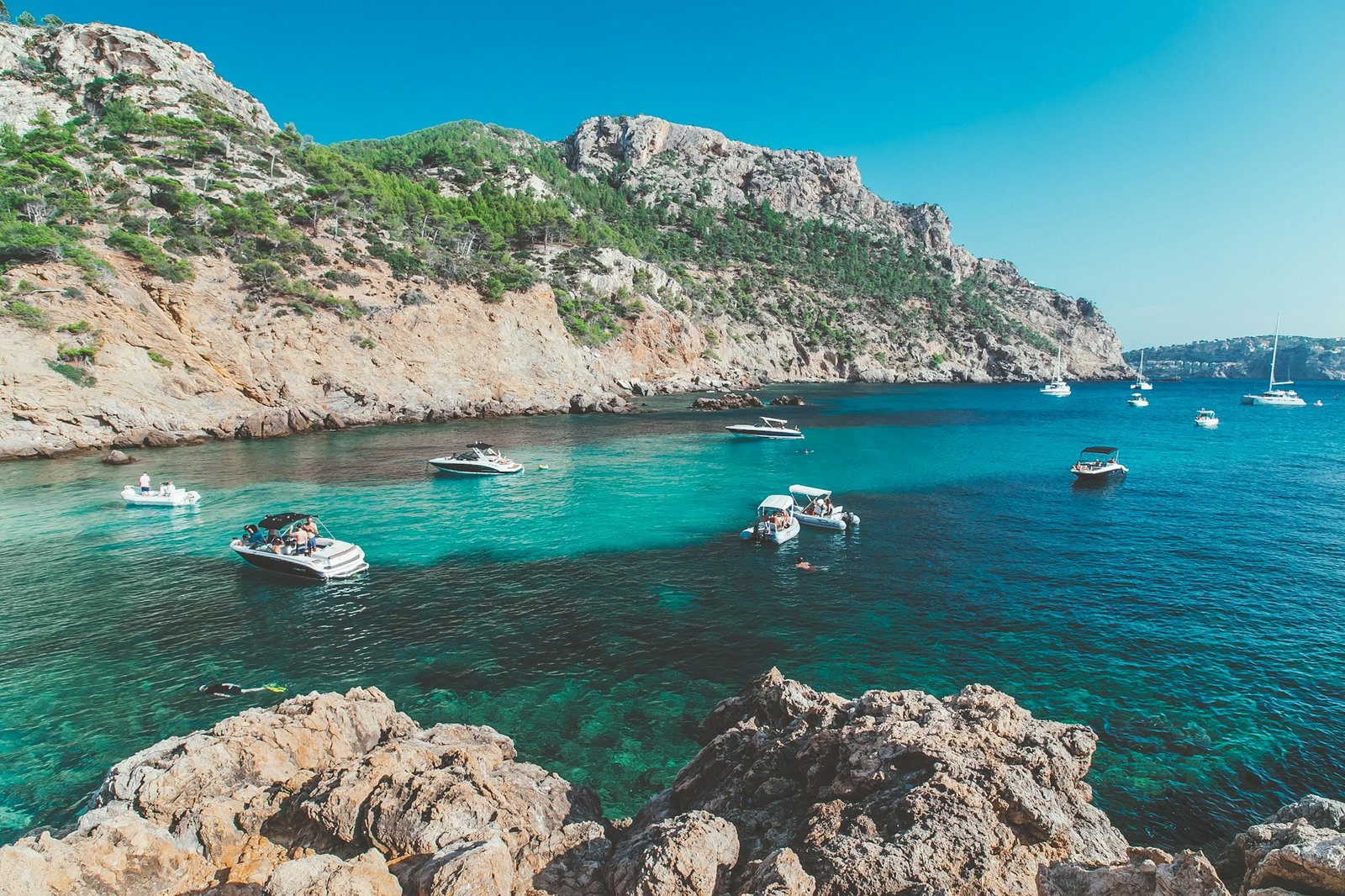 Turquoise cove in Mallorca, Spain, with crystal-clear water