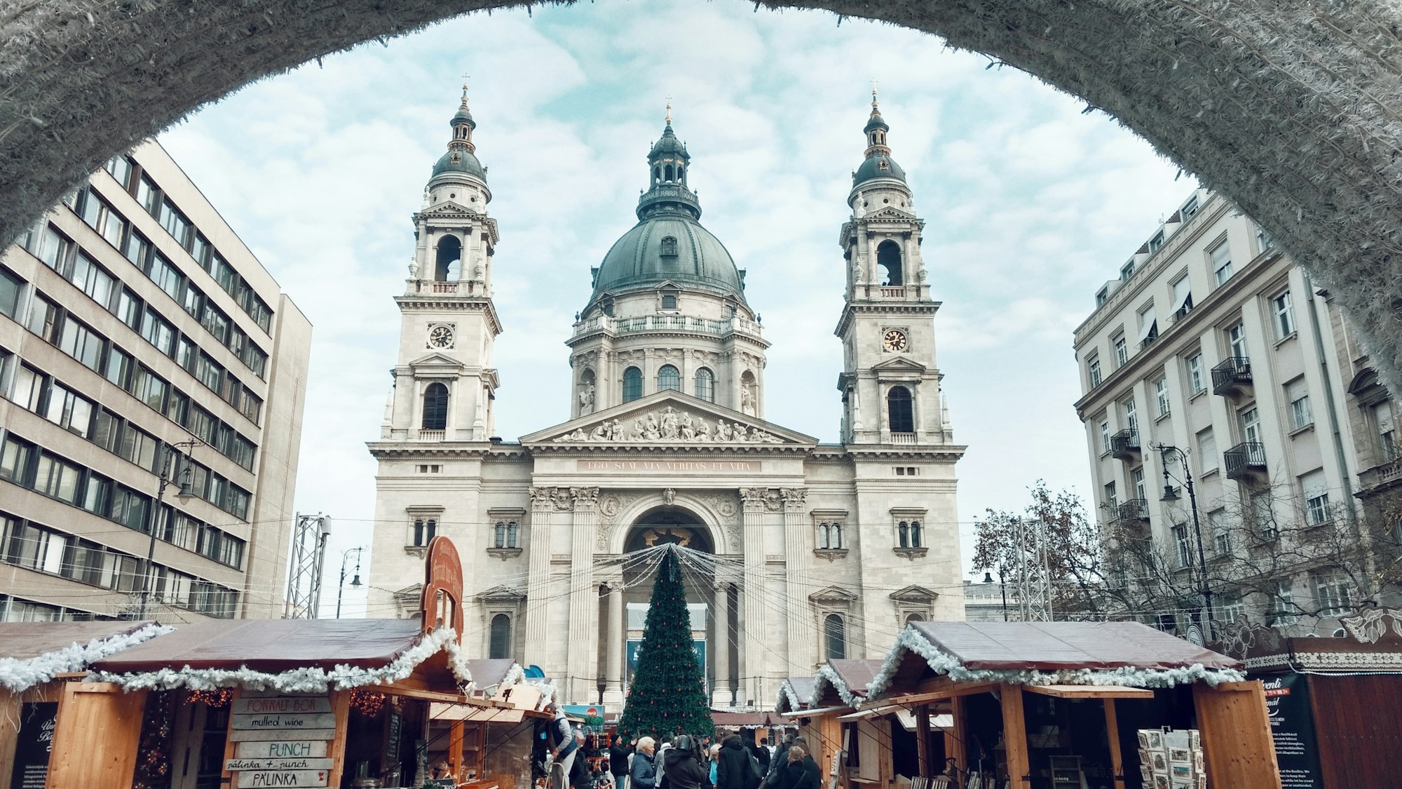 Budapest Christmas Market in front of the illuminated St. Stephen's Basilica