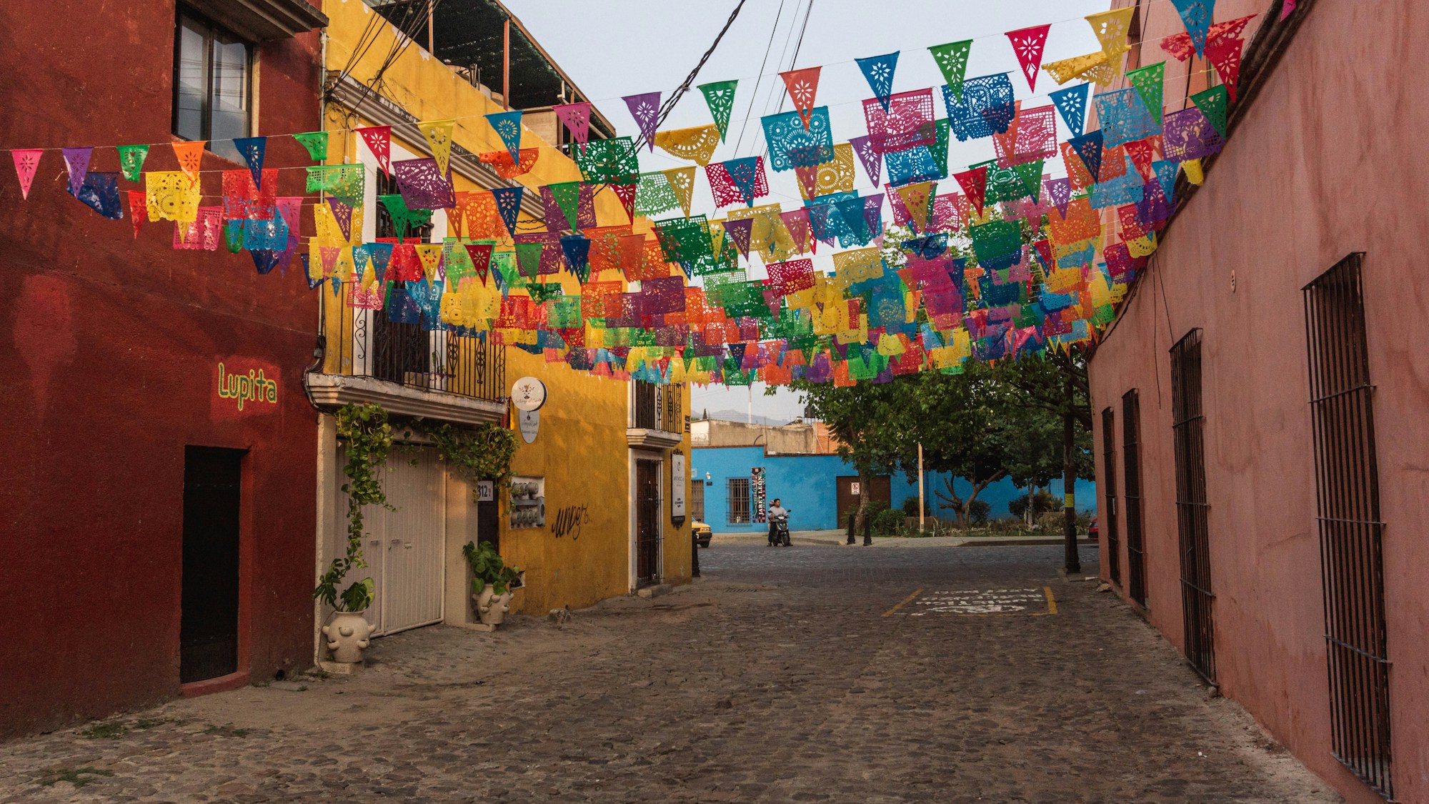 Via colorata di Oaxaca decorata con bandiere - Messico 2026