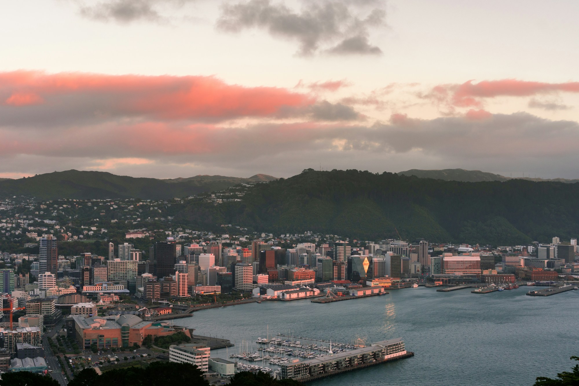 Skyline de Wellington au coucher du soleil, capitale du cinéma en Nouvelle-Zélande