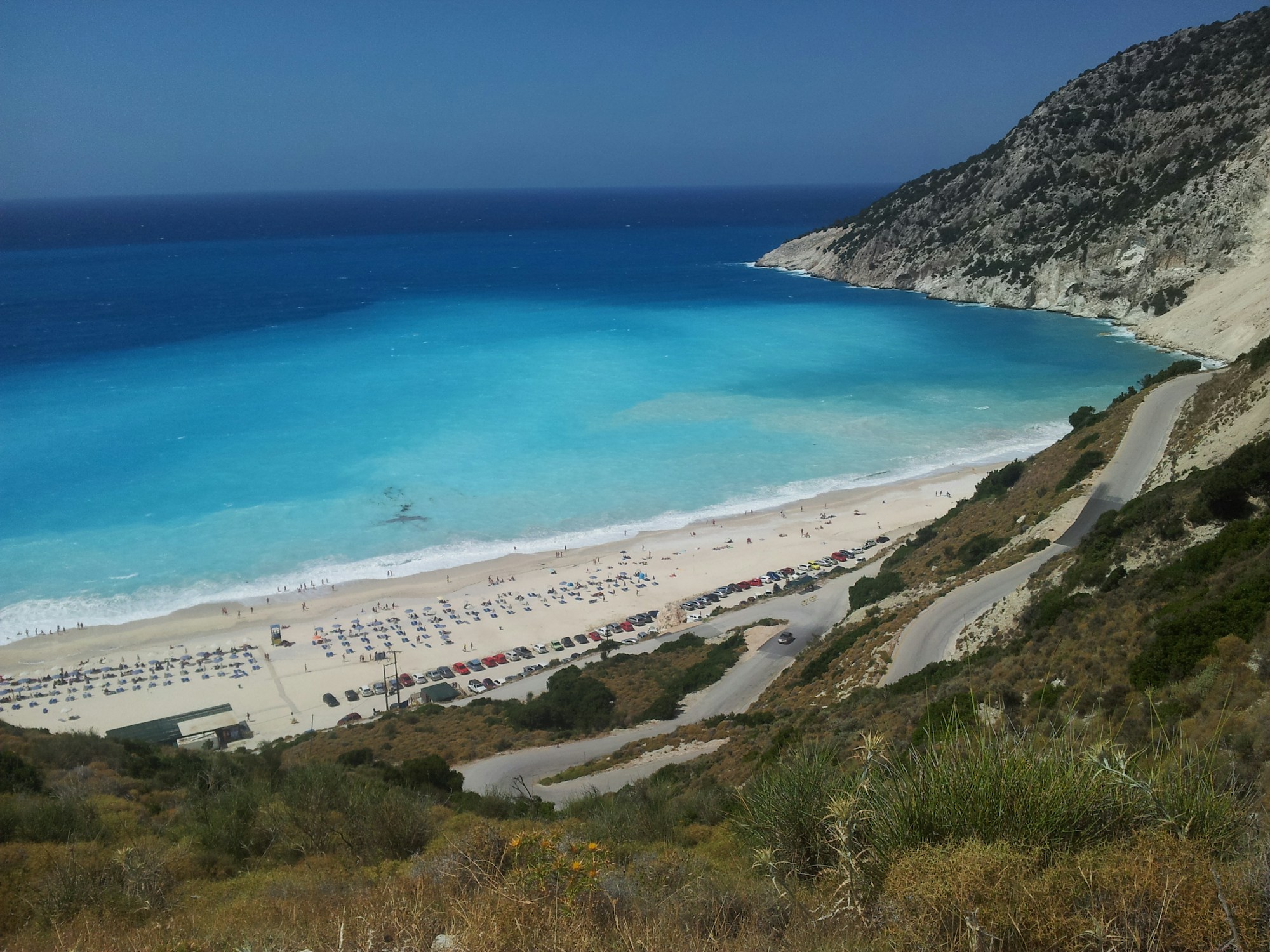 White cliffs and turquoise waters of Fteri Beach on the Paliki peninsula in Kefalonia, Greece