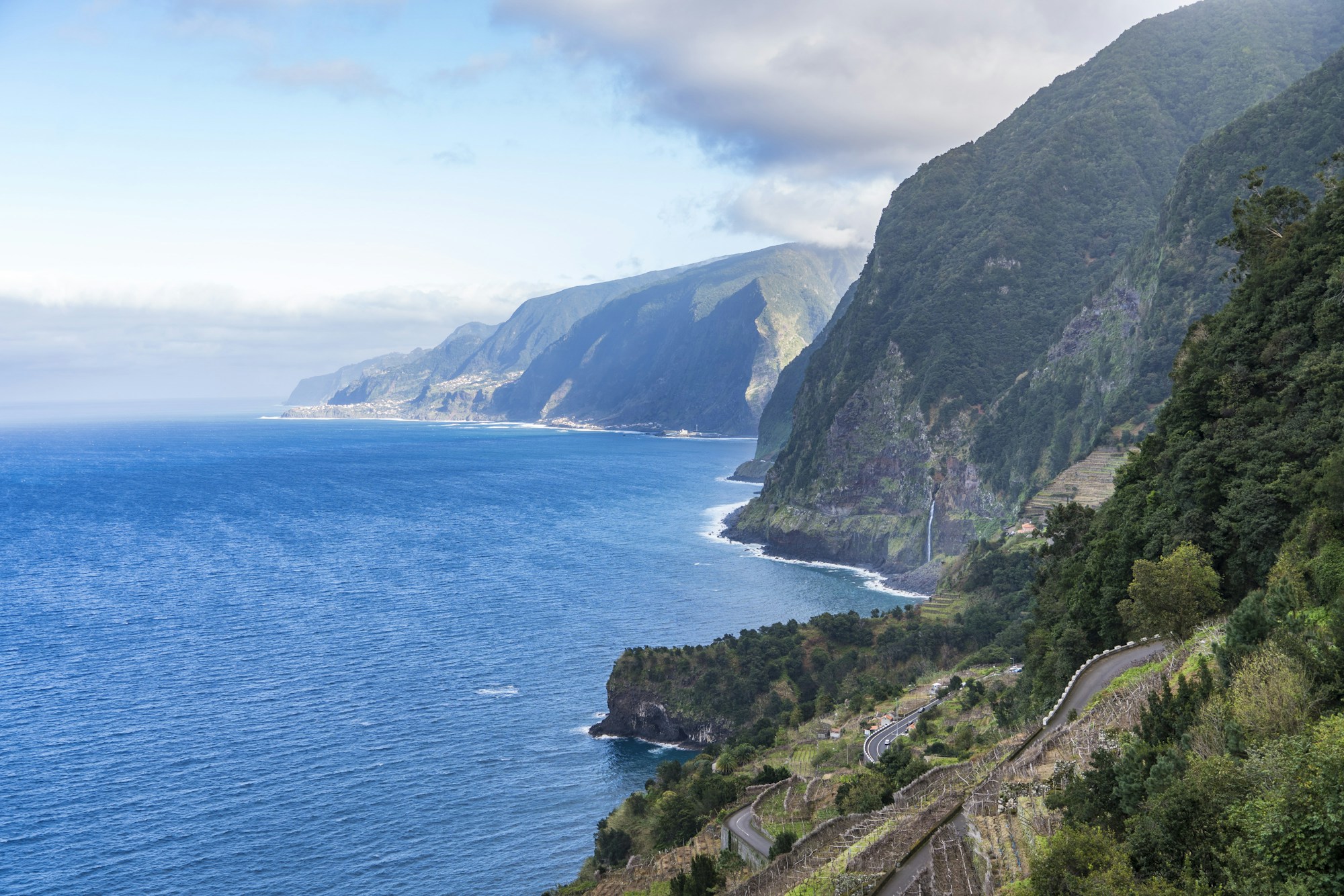 Volcanic landscape of Madeira island with mountains and Atlantic Ocean