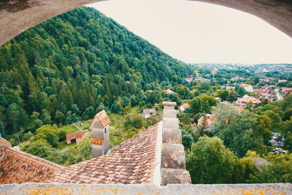 Paysage montagneux de Transylvanie en Roumanie avec forêts et château