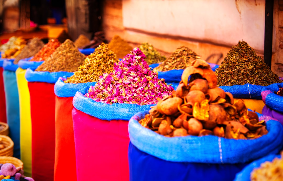 Colorful spice stall in the souk of Marrakech, Morocco