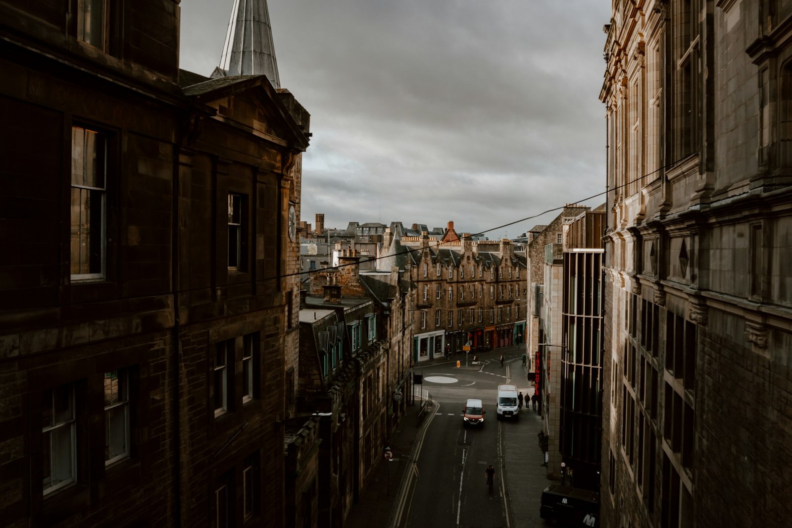 Panoramic view of Edinburgh's Old Town in Scotland with its church spires and historic rooftops