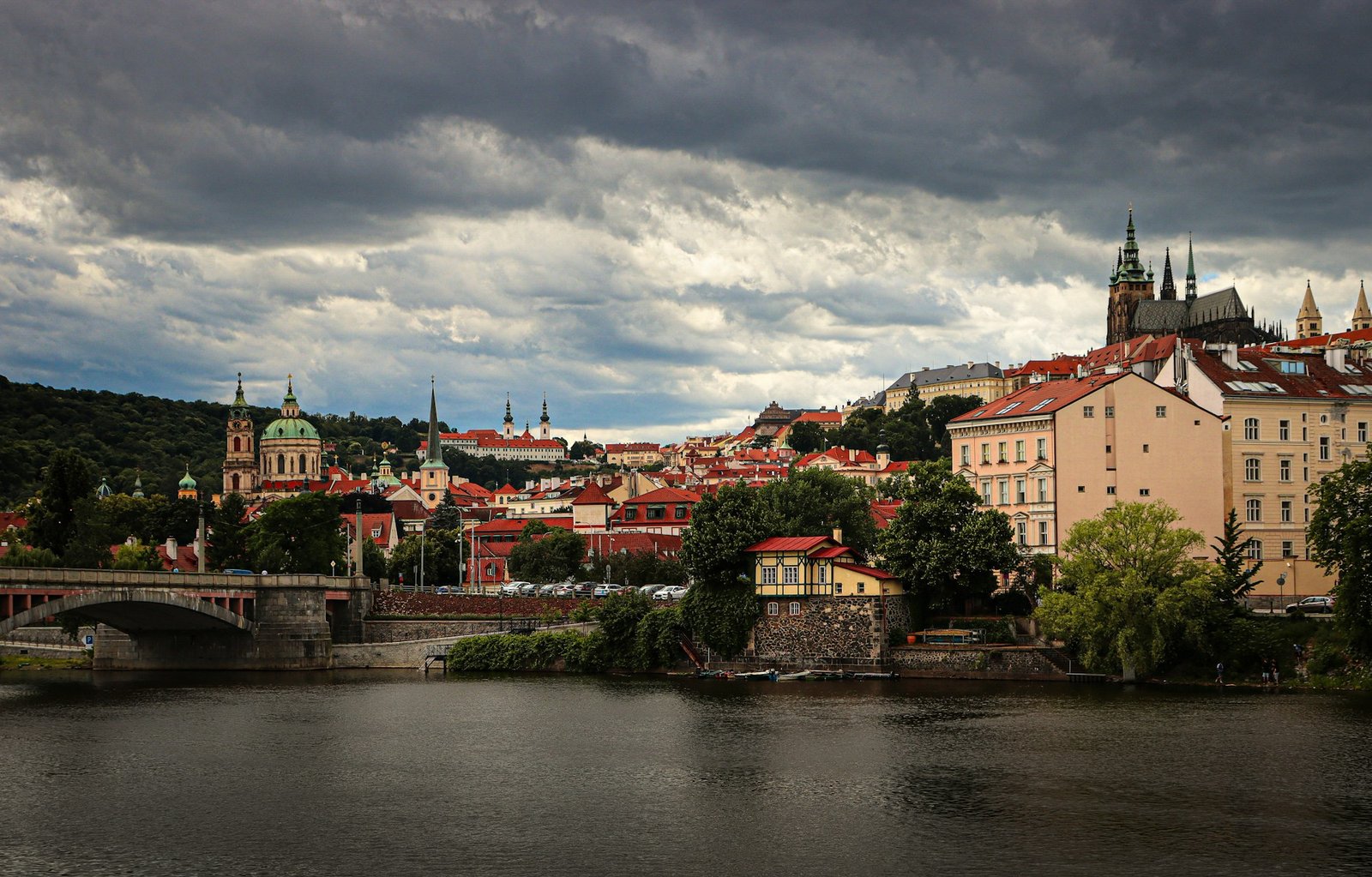 Dramatic panorama of Prague with its rooftops and towers above the Vltava River