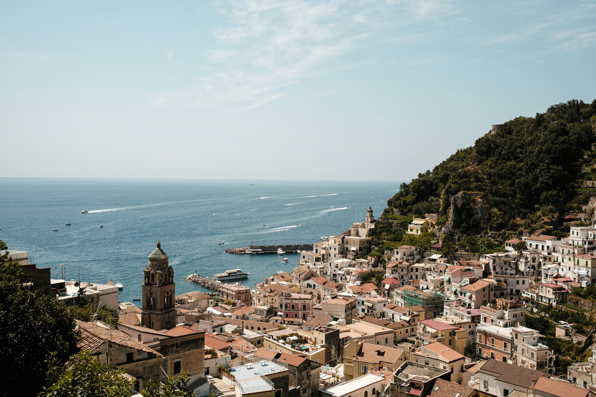 Panoramic view of the Amalfi Coast with colorful houses clinging to the cliff