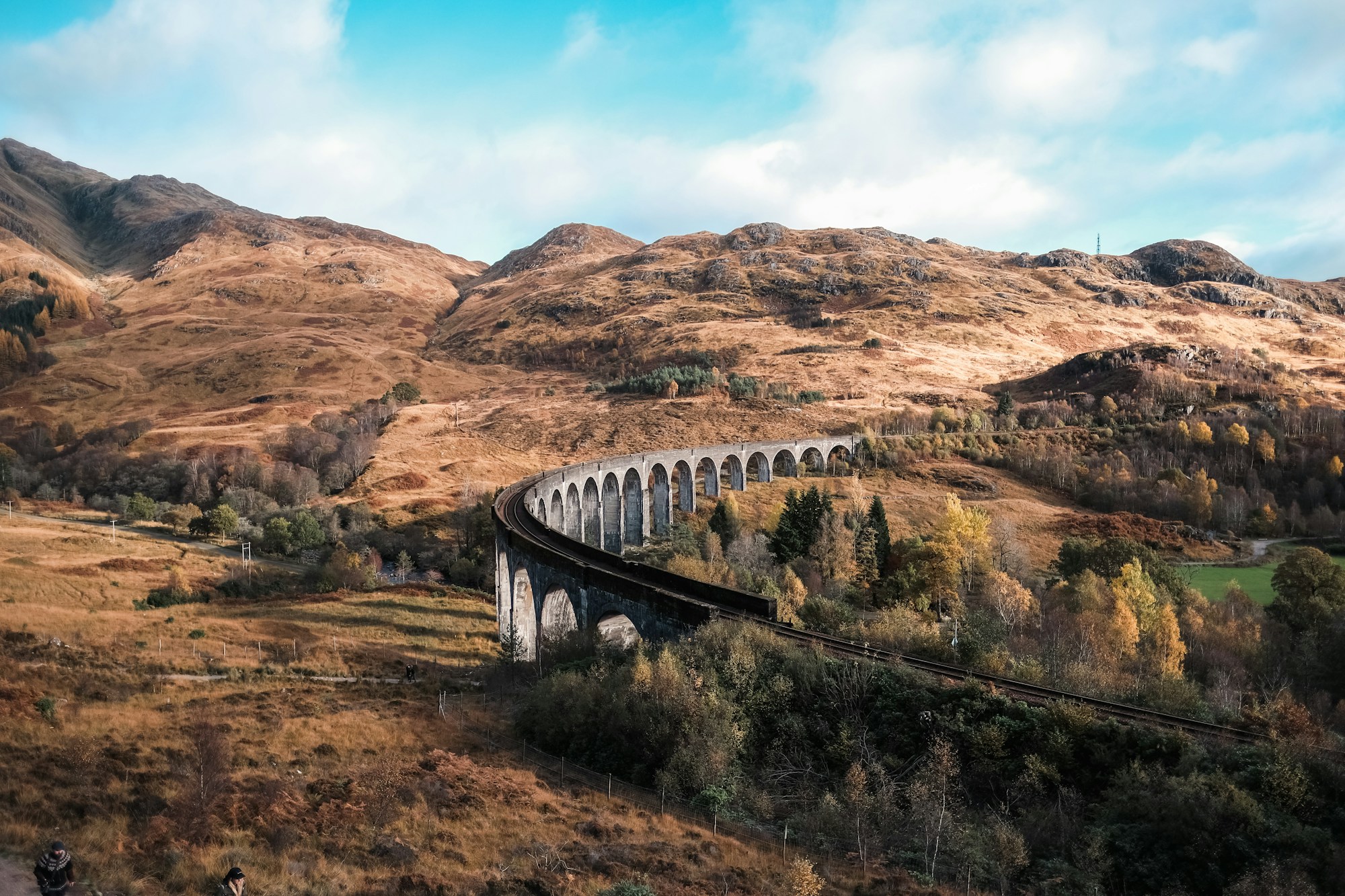 Train crossing a viaduct amid the green mountains of the Scottish Highlands