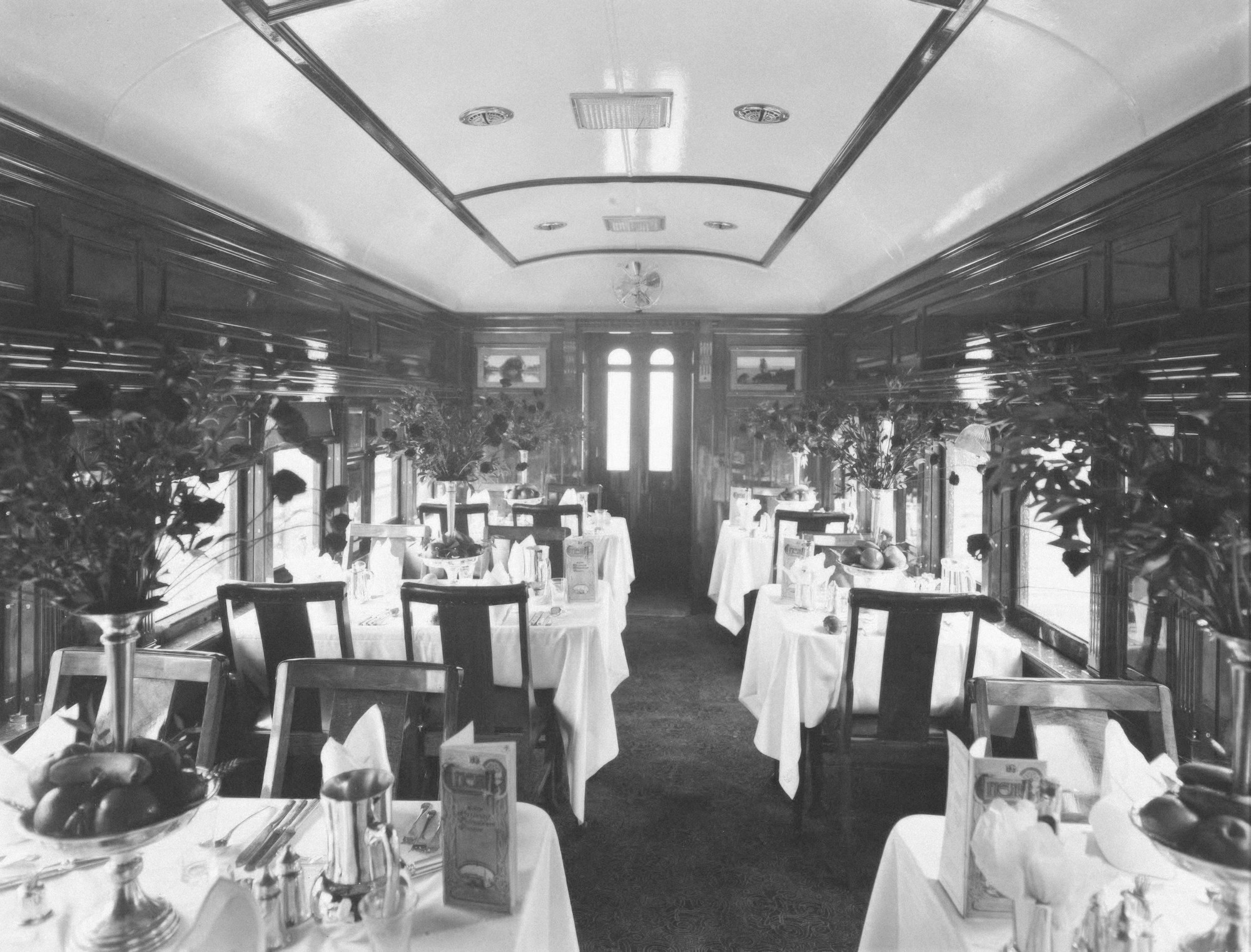 Elegant interior of a dining car in a vintage luxury train
