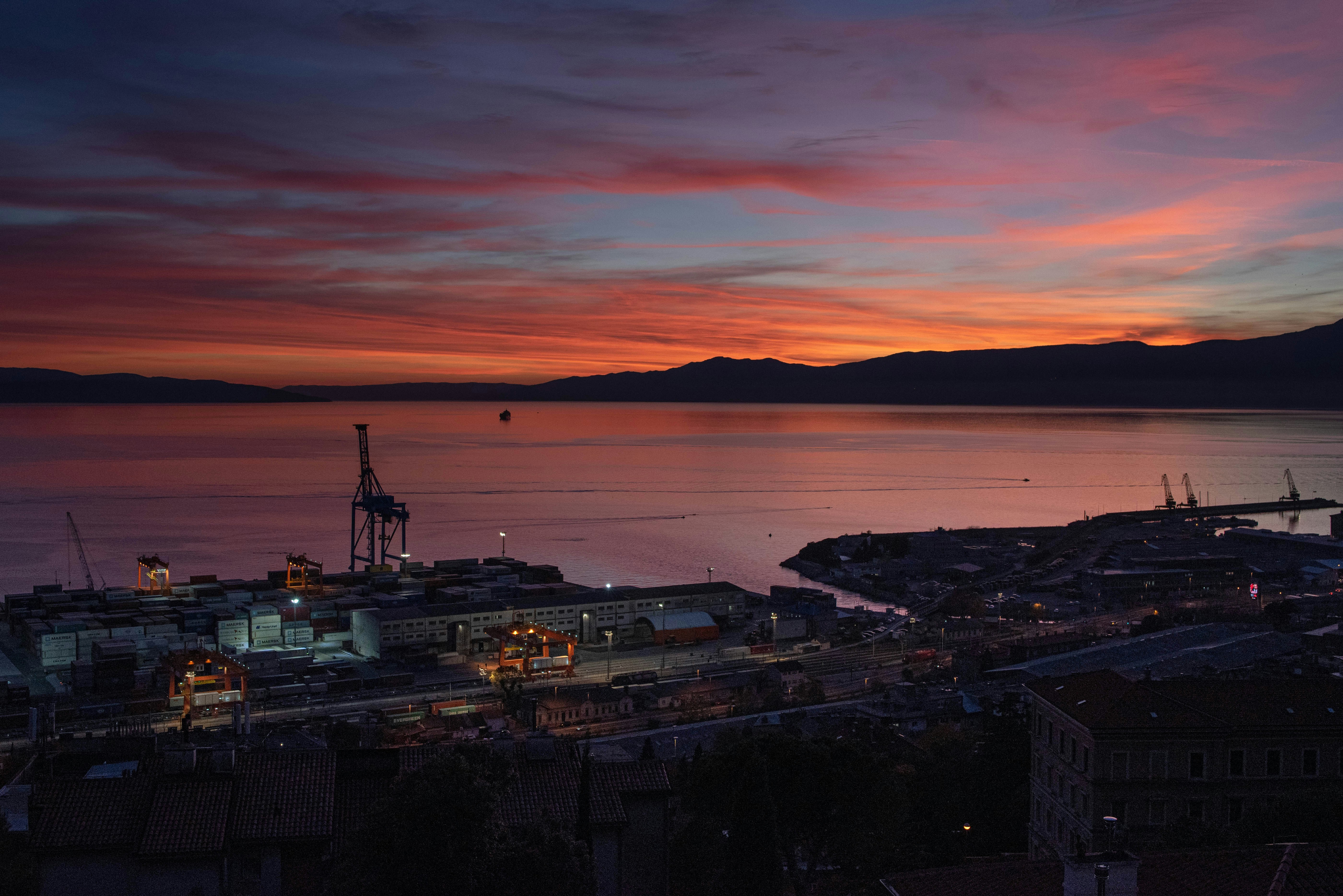 Dramatic sunset view over the Croatian Adriatic coast at Rijeka