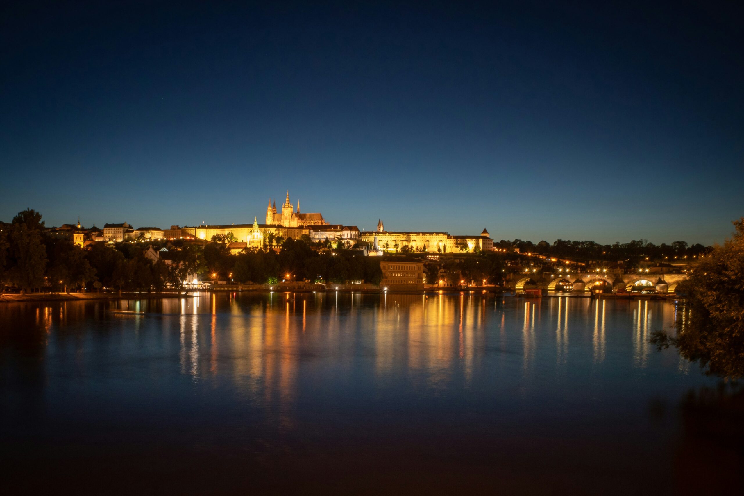 Night view of Charles Bridge and Prague's Old Town