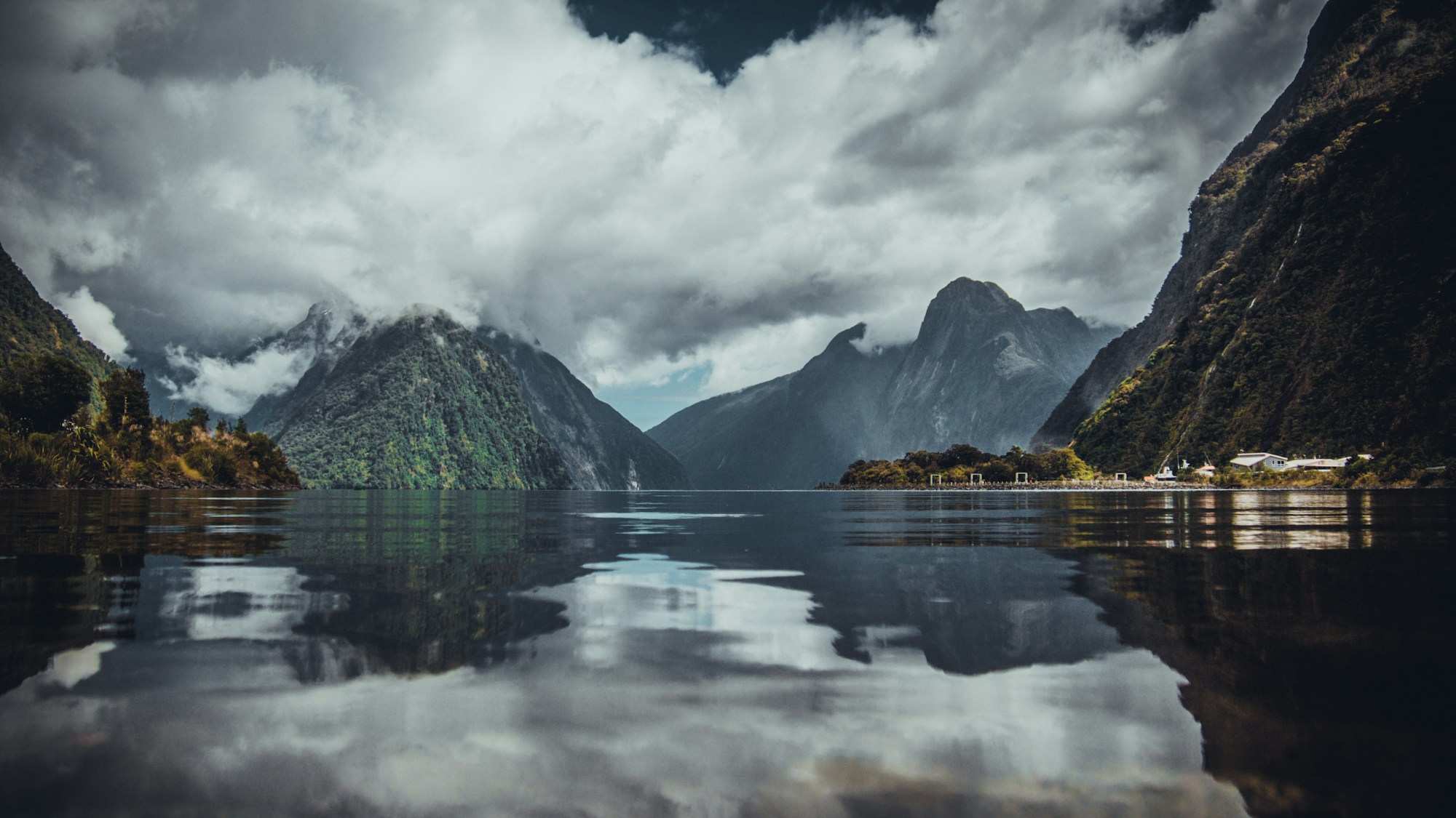 Milford Sound in New Zealand with fjord and mountains