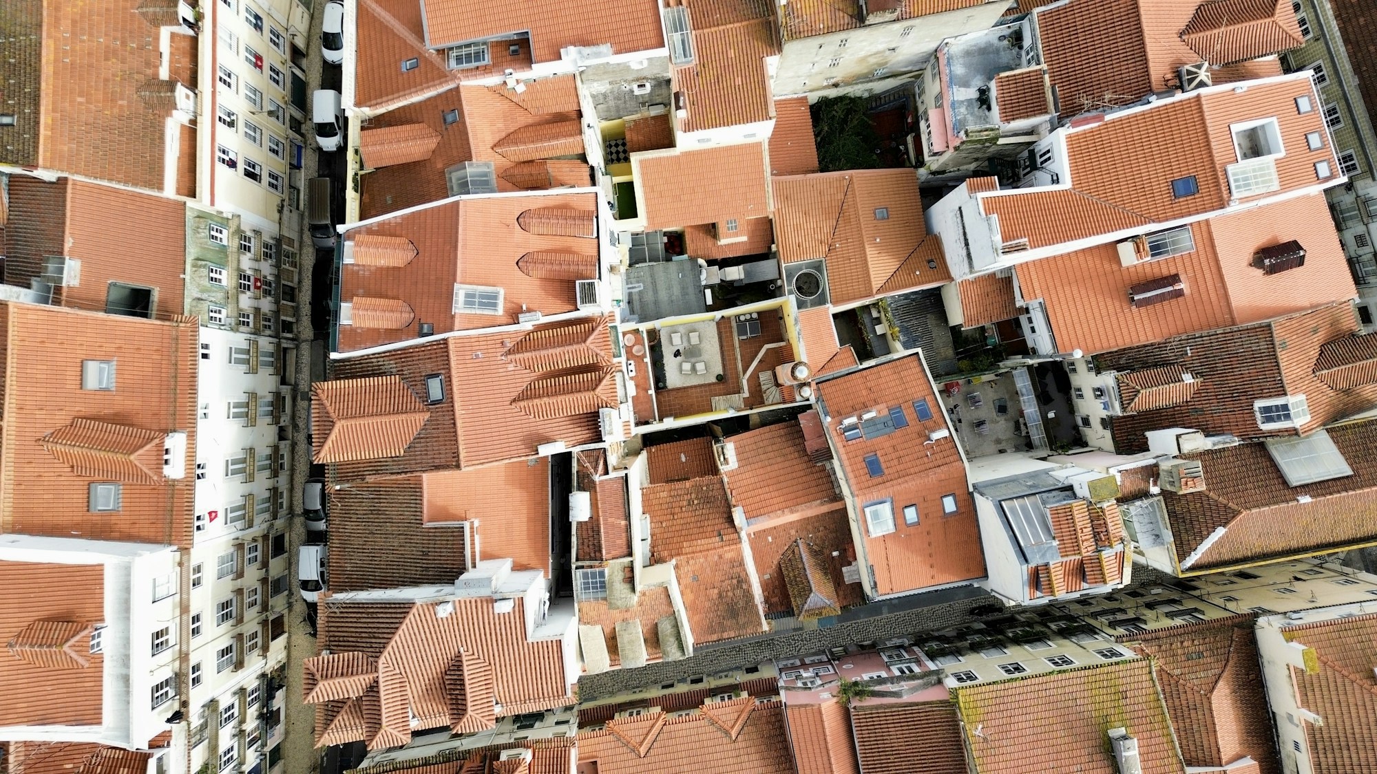 Aerial view of Lisbon rooftops at sunset