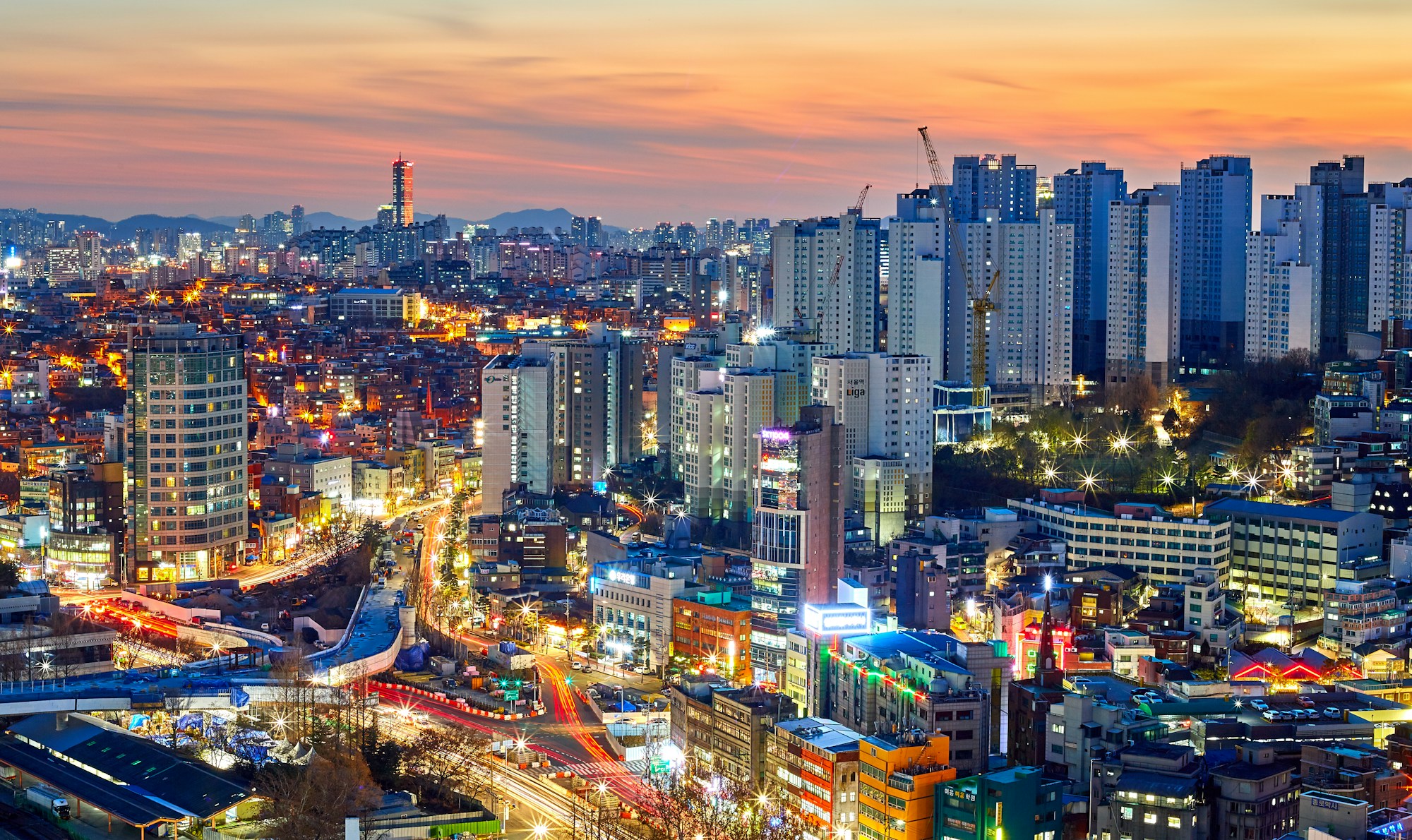 Seoul panorama at sunset with illuminated skyline