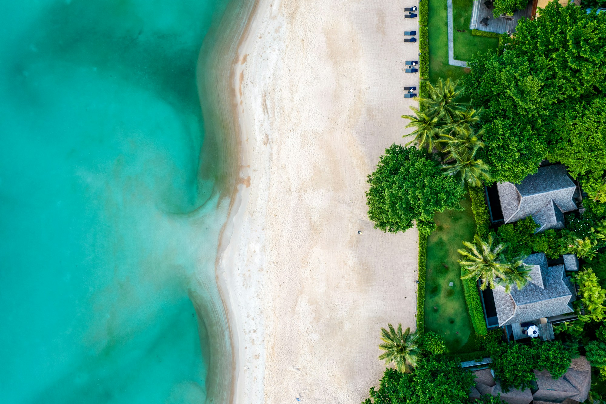Vue aérienne d'une plage luxueuse de Koh Samui avec resort tropical, Thaïlande