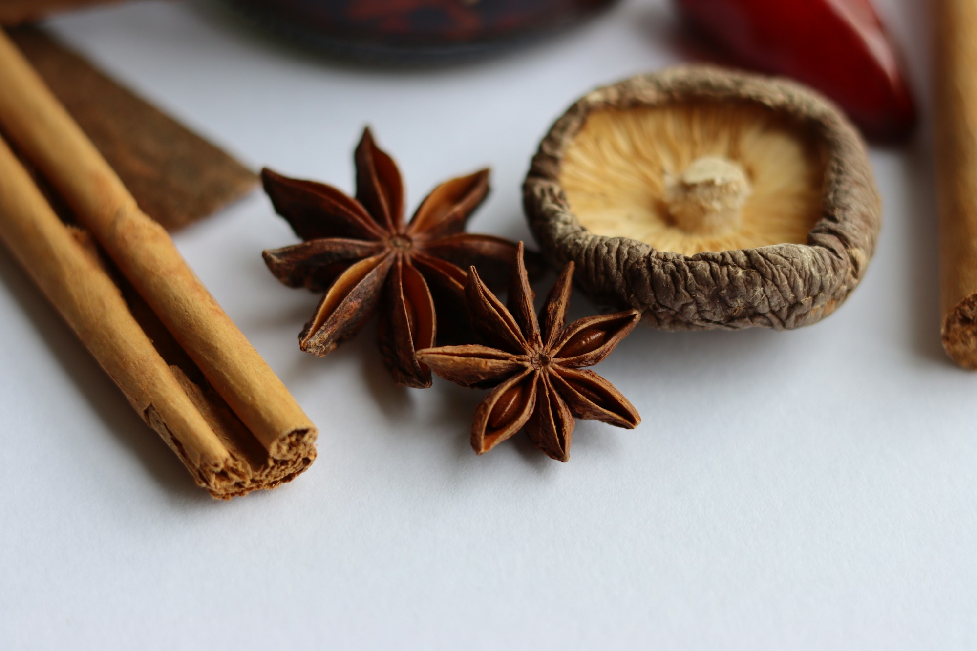 Assortiment d'épices colorées : clou de girofle, cannelle, muscade et cardamome