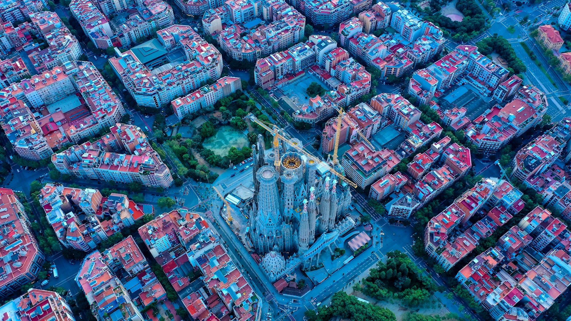 The Sagrada Família in Barcelona with its central tower rising into the sky, Antoni Gaudí's masterpiece