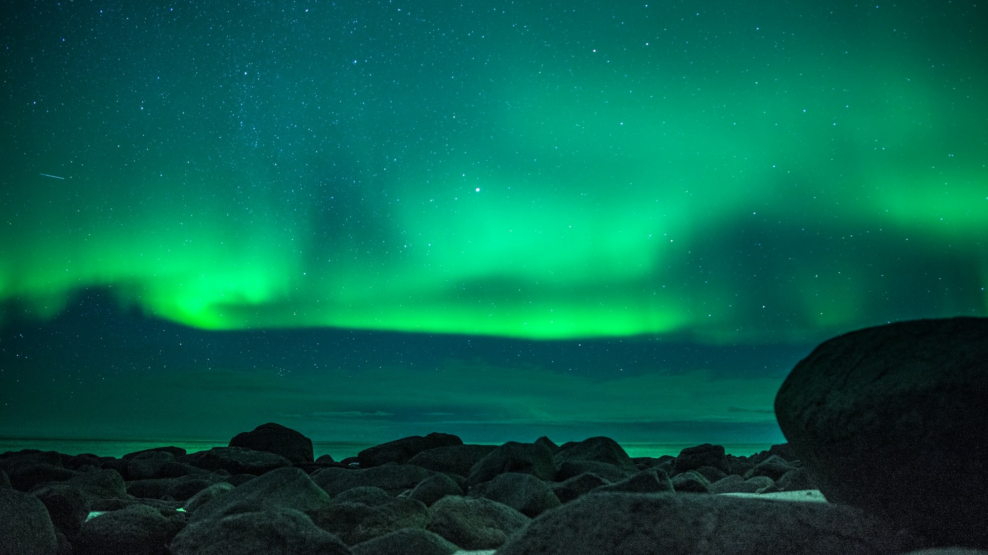 Aurores boréales vertes se reflétant sur les eaux sombres d'un fjord norvégien avec des montagnes enneigées, îles Lofoten