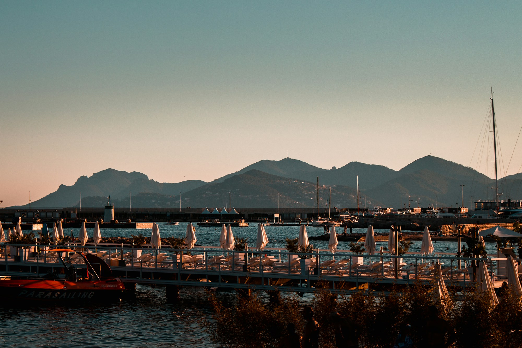 Sunset over the hills of Cannes, with views of the Mediterranean and the French Riviera
