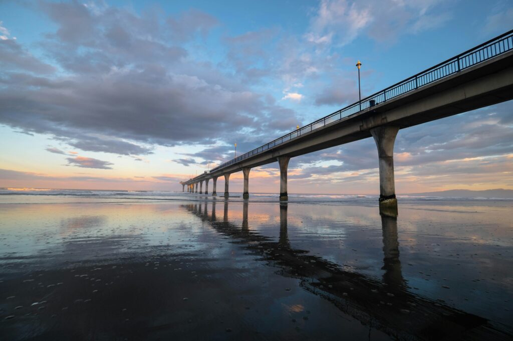New Brighton Pier au coucher du soleil à Christchurch, Nouvelle-Zélande