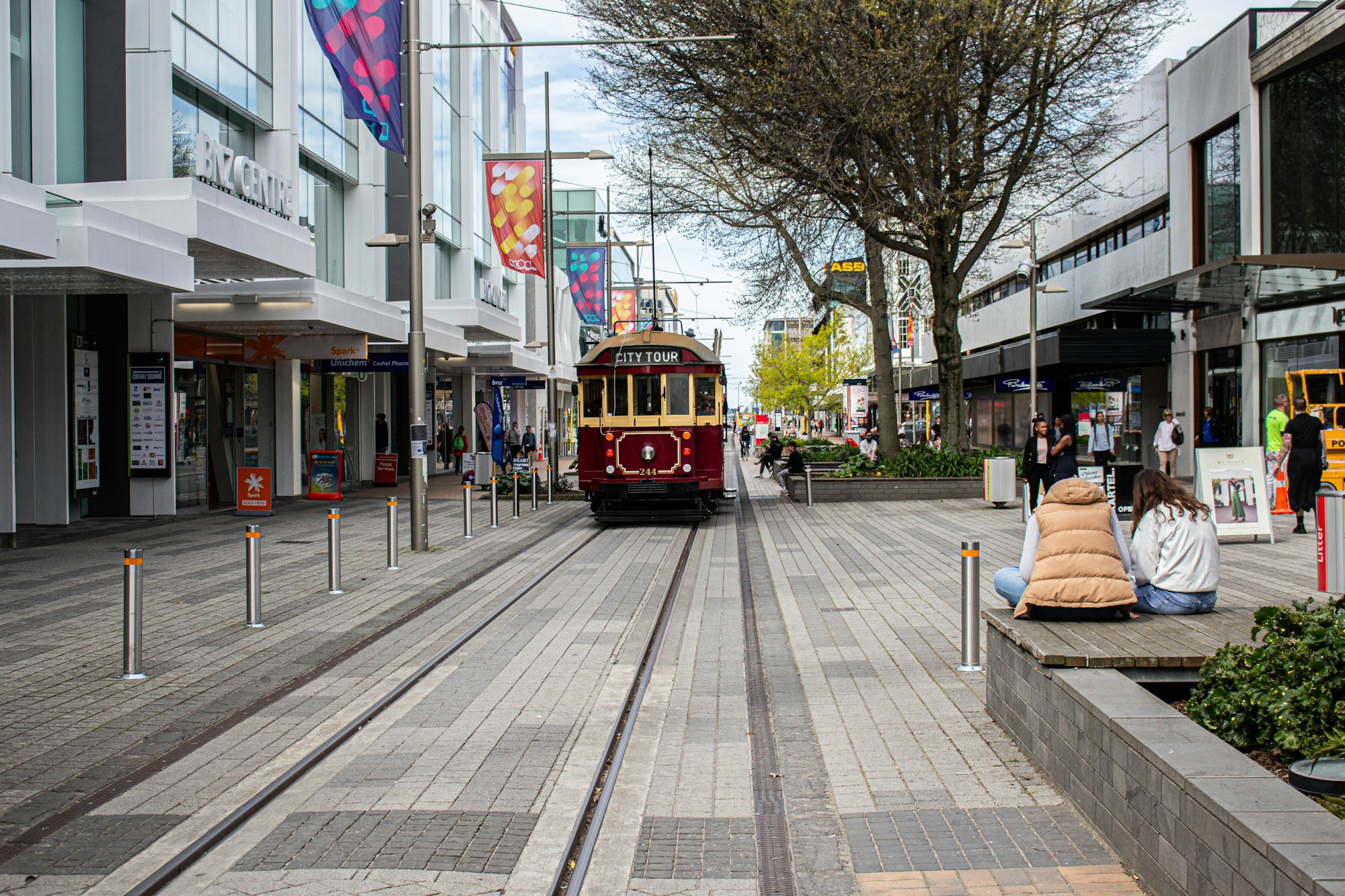Historic tramway running through Christchurch city center, New Zealand