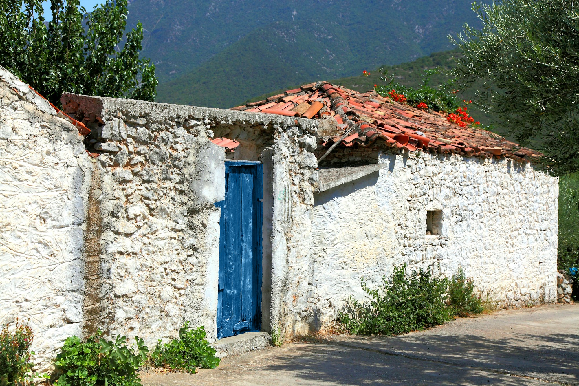 Maison de pierre traditionnelle avec porte bleue dans un village crétois en Grèce