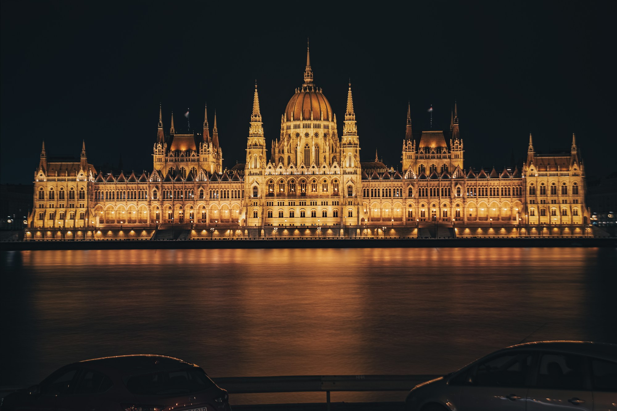 Budapest illuminated at night on the banks of the Danube, festive atmosphere