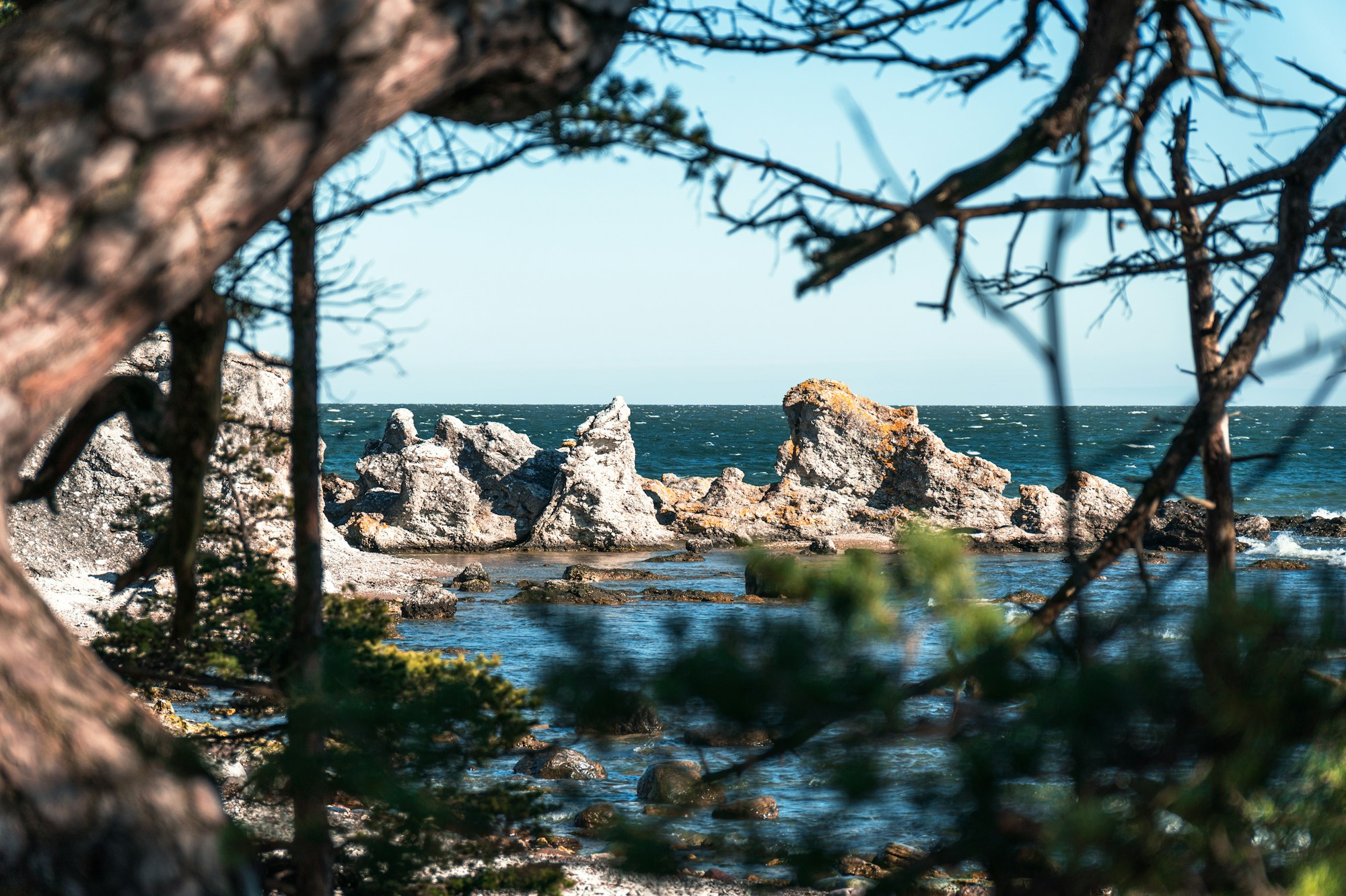 Formation rocheuse de calcaire raukar sur la côte de Gotland, Suède — érosion naturelle dans la mer Baltique