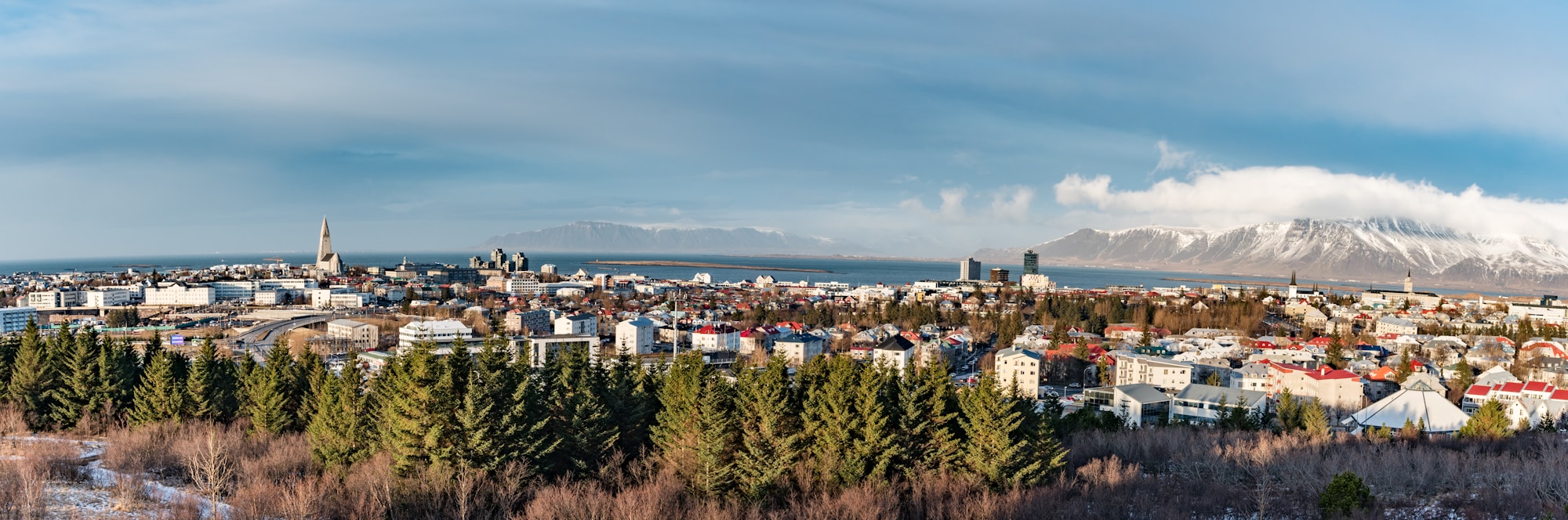 Panorama von Reykjavik mit schneebedeckten Bergen