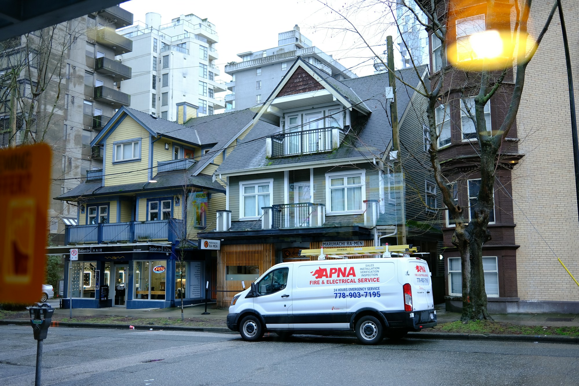 Historic Vancouver street with colourful brick facades, Gastown district