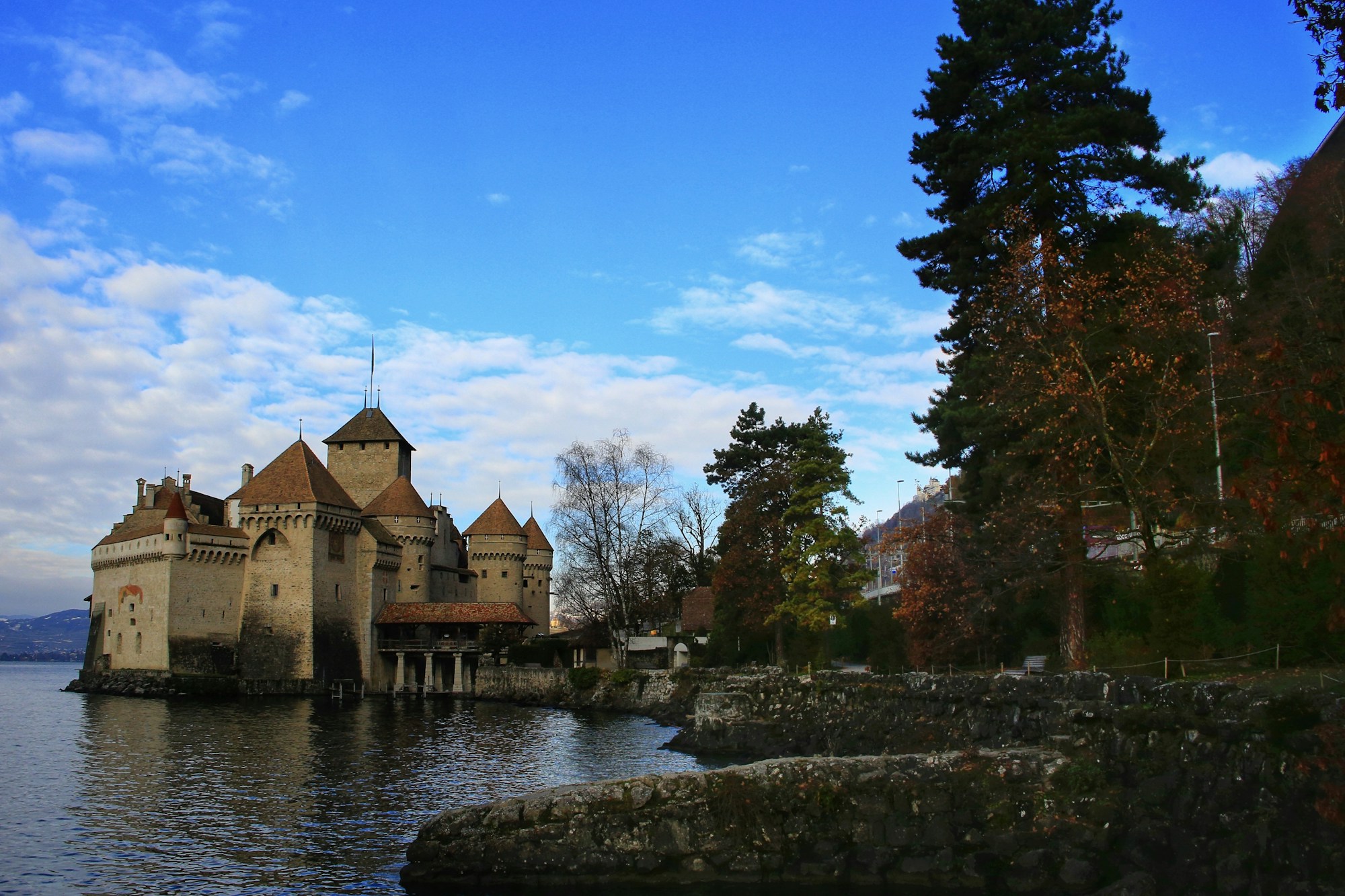 Château de Chillon built on the shores of Lake Geneva in Veytaux, Switzerland — the country's most visited historic monument