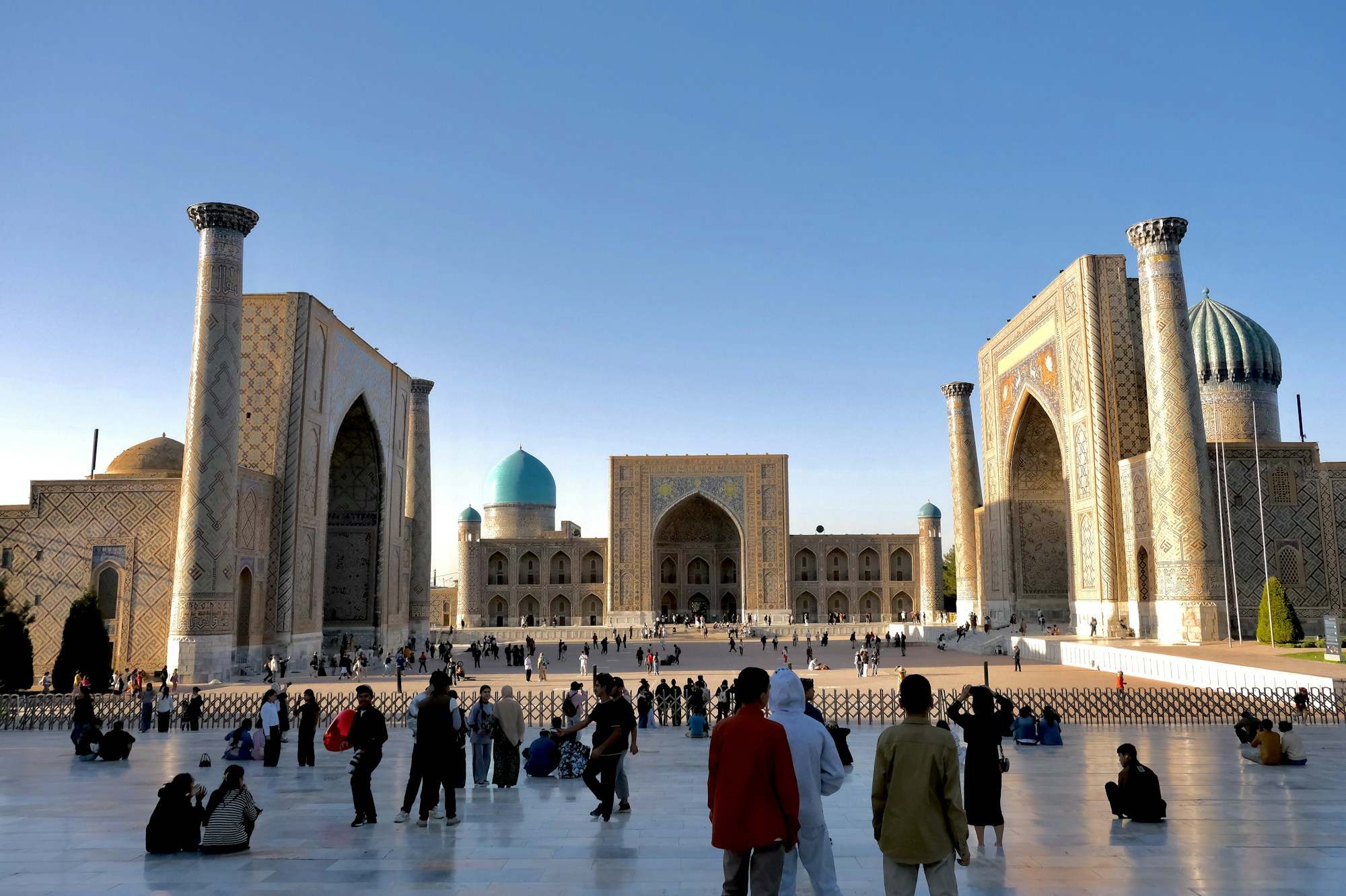 The Registan Square in Samarkand, Uzbekistan, with its madrasas adorned with blue mosaics