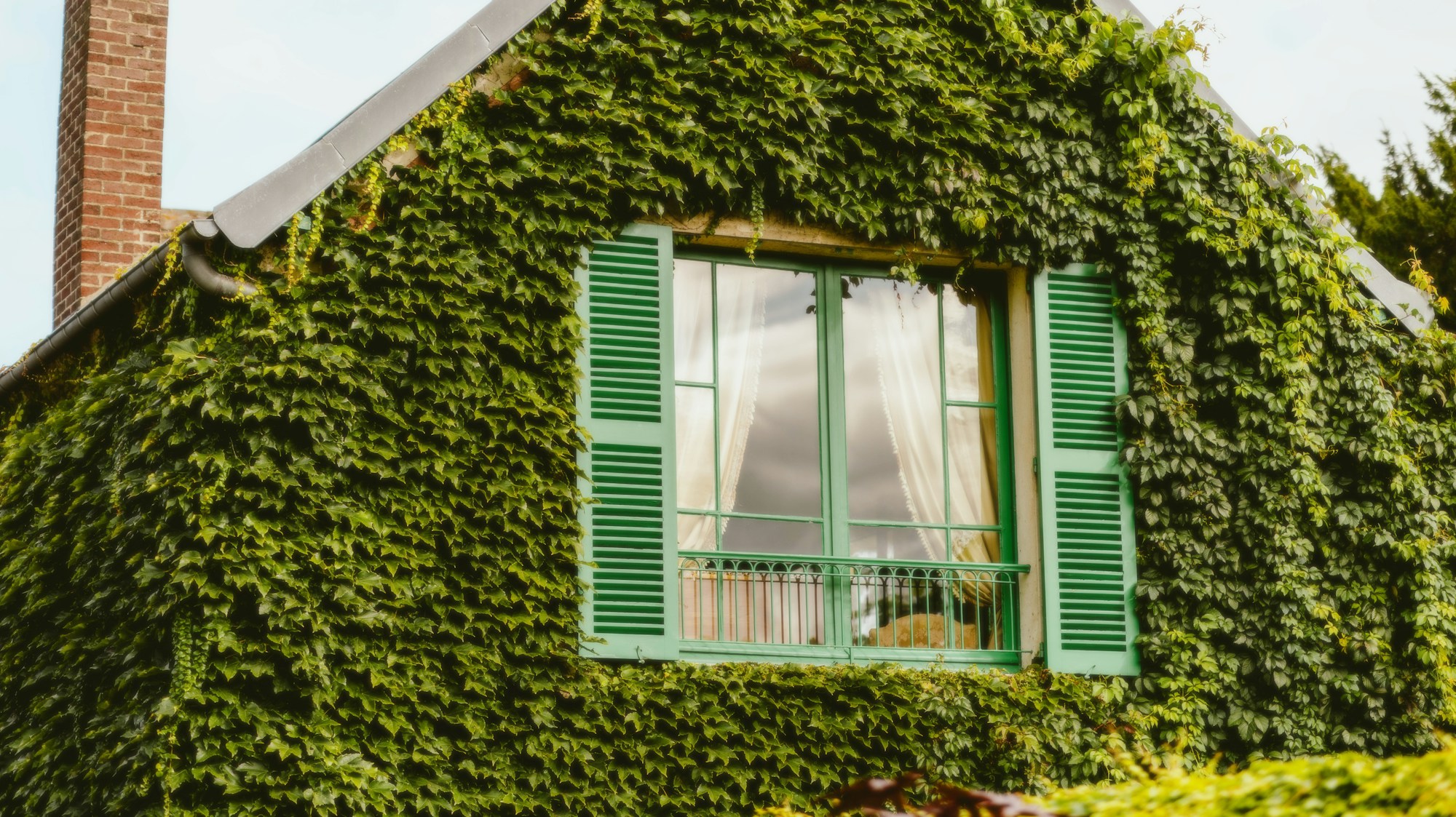 Maison de campagne française couverte de verdure au printemps