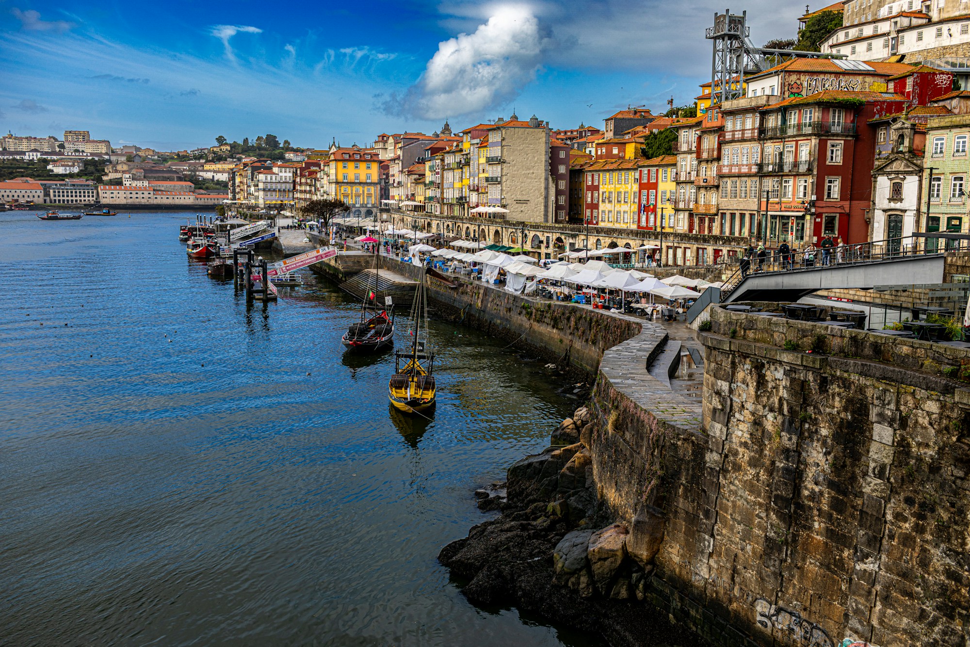 Quartier de la Ribeira à Porto avec bords du Douro et bateaux rabelo traditionnels