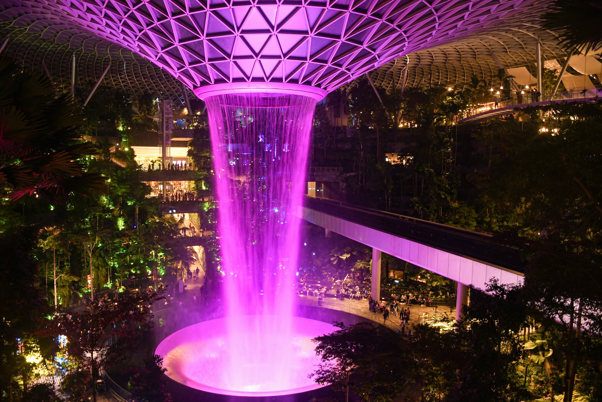 The spectacular interior of the Jewel at Singapore Changi Airport with its indoor waterfall