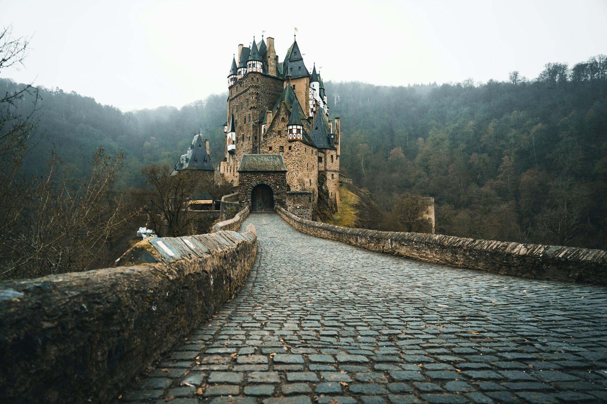 Château de Burg Eltz en Allemagne entouré de forêt, sur la Route Romantique en voiture électrique